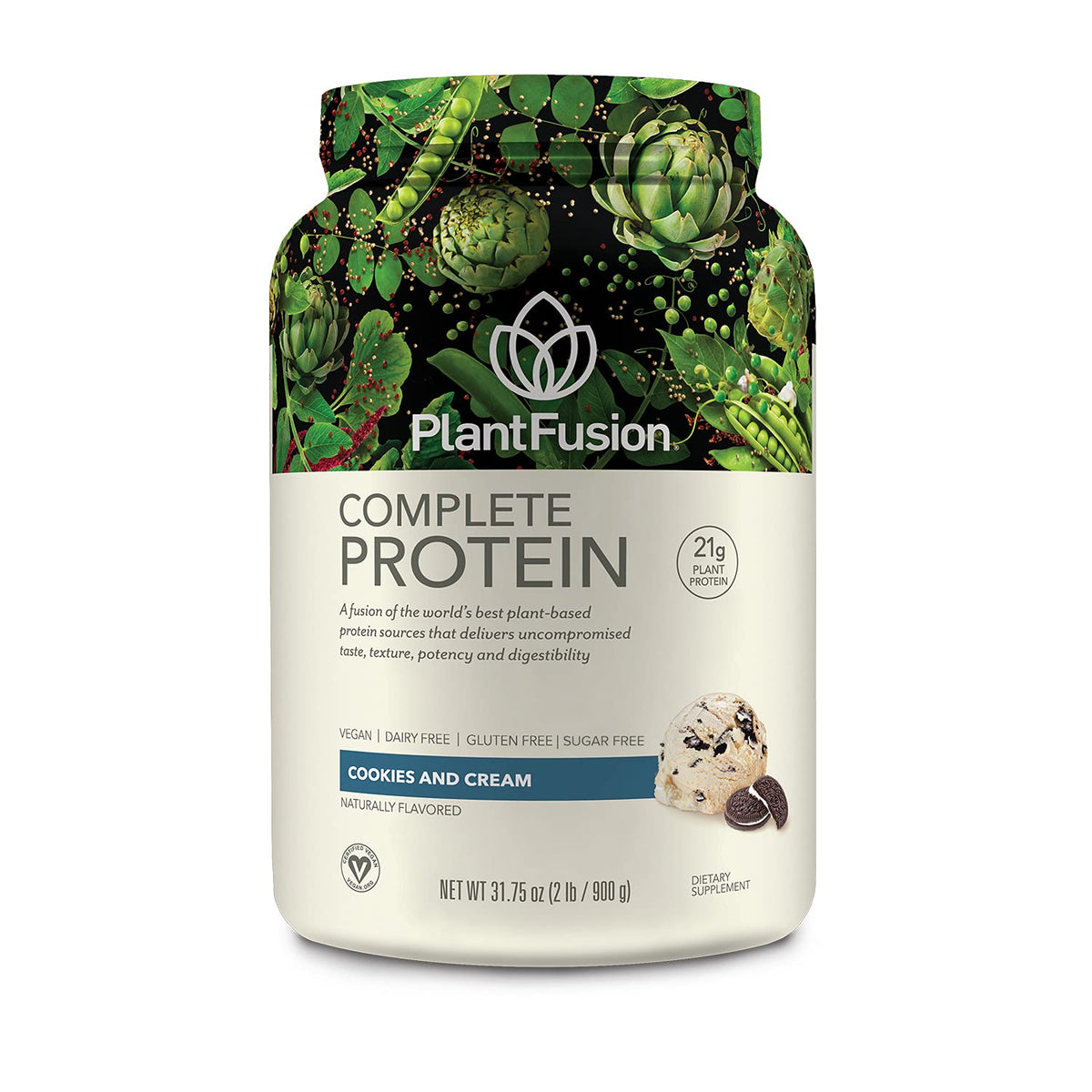 PlantFusion envase frontal cookies & cream mostrando sabor y tamaño