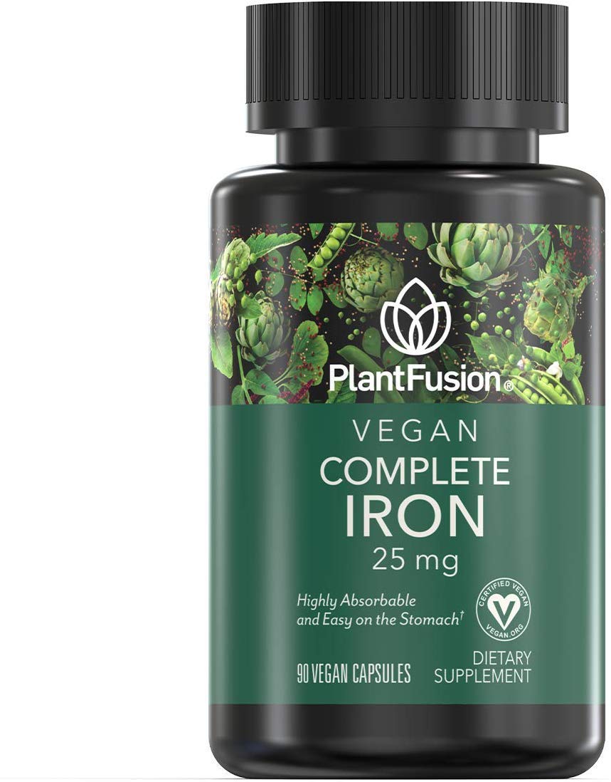 PlantFusion frente del empaque mostrando 25 mg hierro y vegano