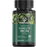 PlantFusion frente del empaque mostrando 25 mg hierro y vegano