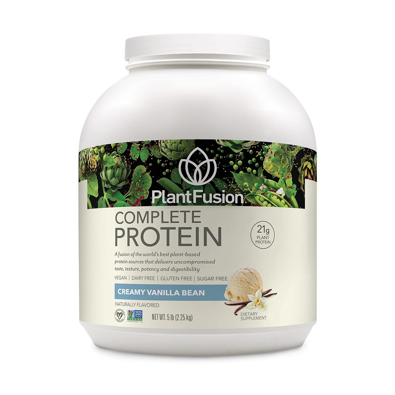 PlantFusion envase frontal vainilla mostrando etiqueta y beneficio alto en proteína