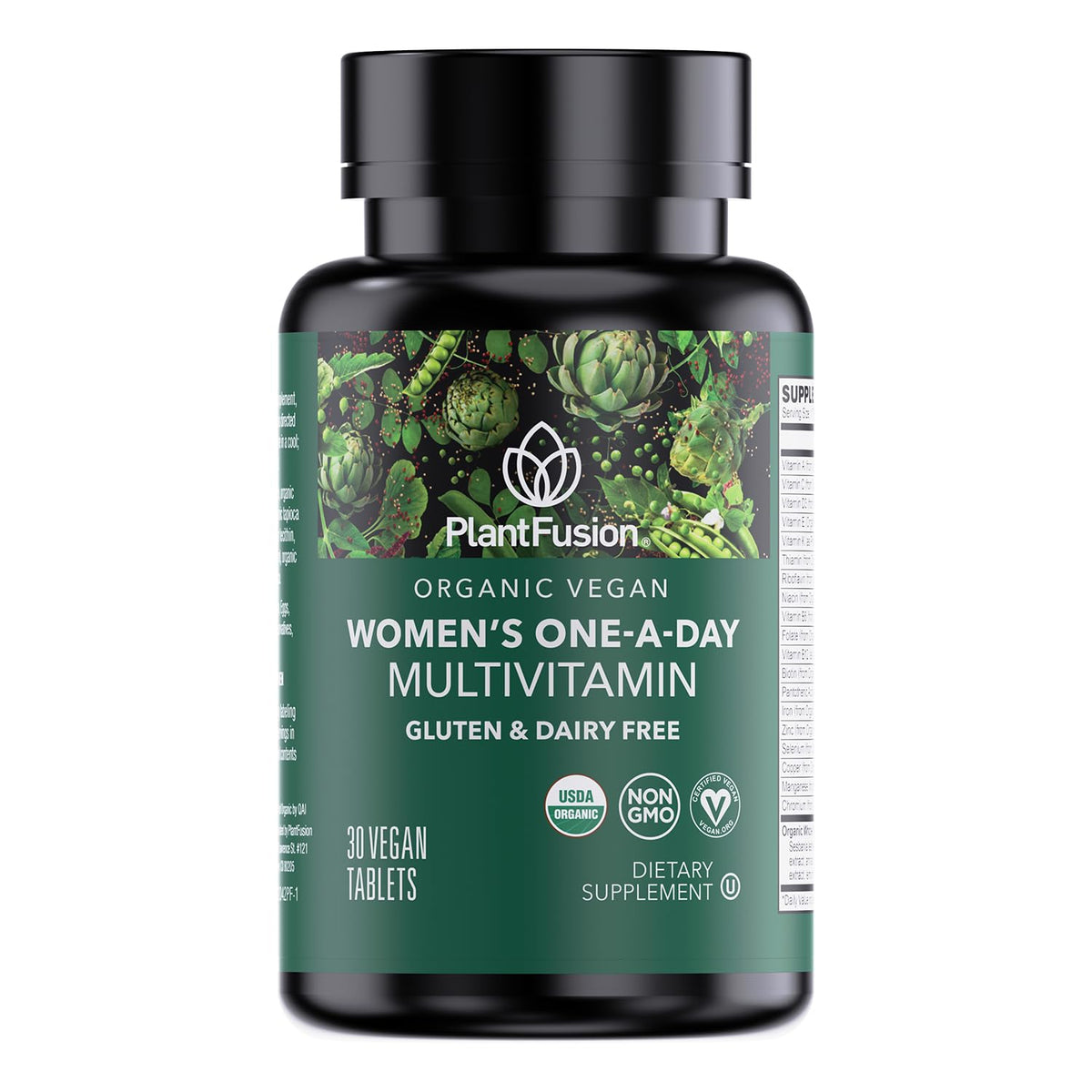 PlantFusion vista frontal del empaque que muestra suplemento vegano y orgánico