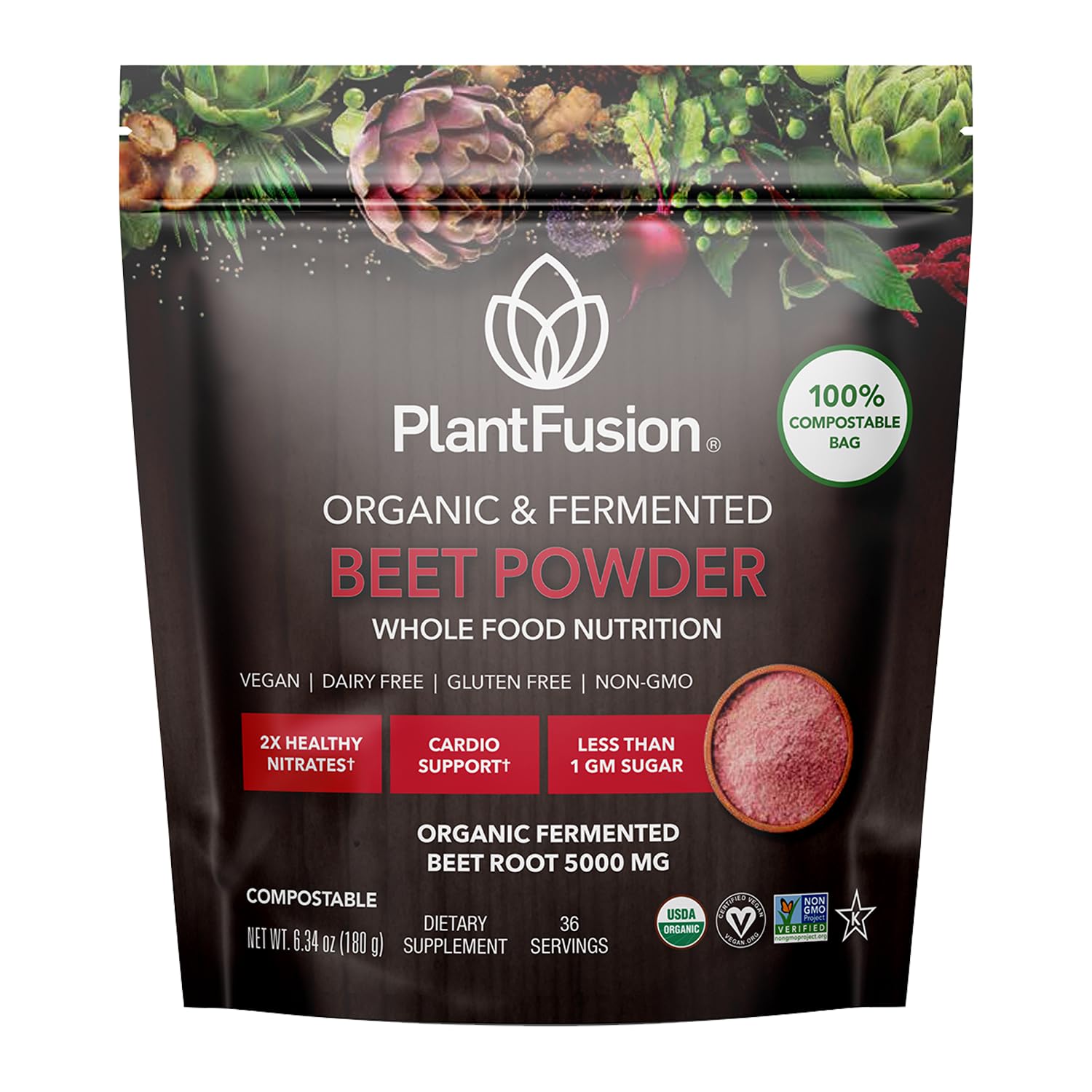 PlantFusion envase frontal de polvo fermentado, suplemento orgánico y limpio