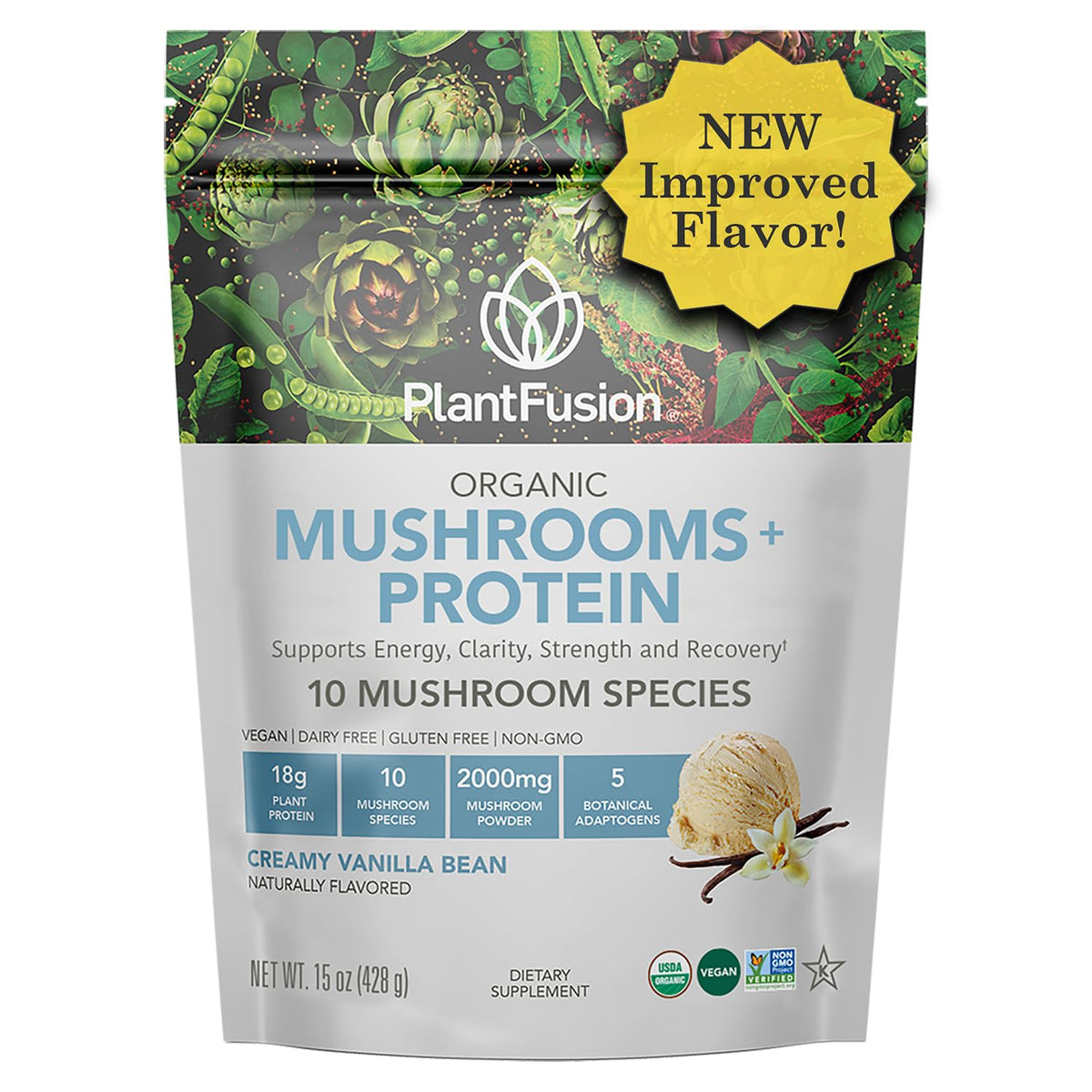 PlantFusion envase frontal mostrando polvo de vainilla y beneficios claros