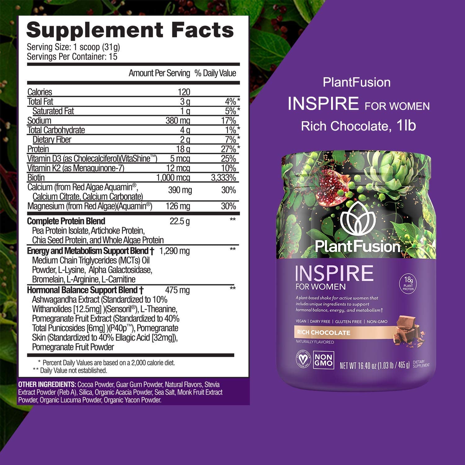 PlantFusion etiqueta nutricional clara con información de calorías y macros