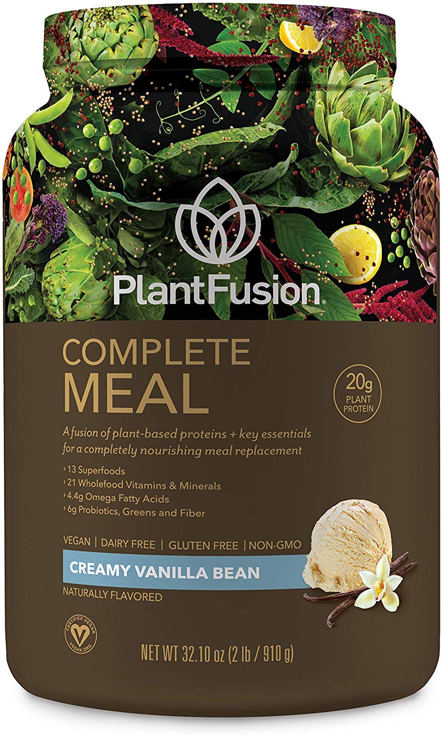 PlantFusion envase frontal vainilla mostrando beneficios nutritivos