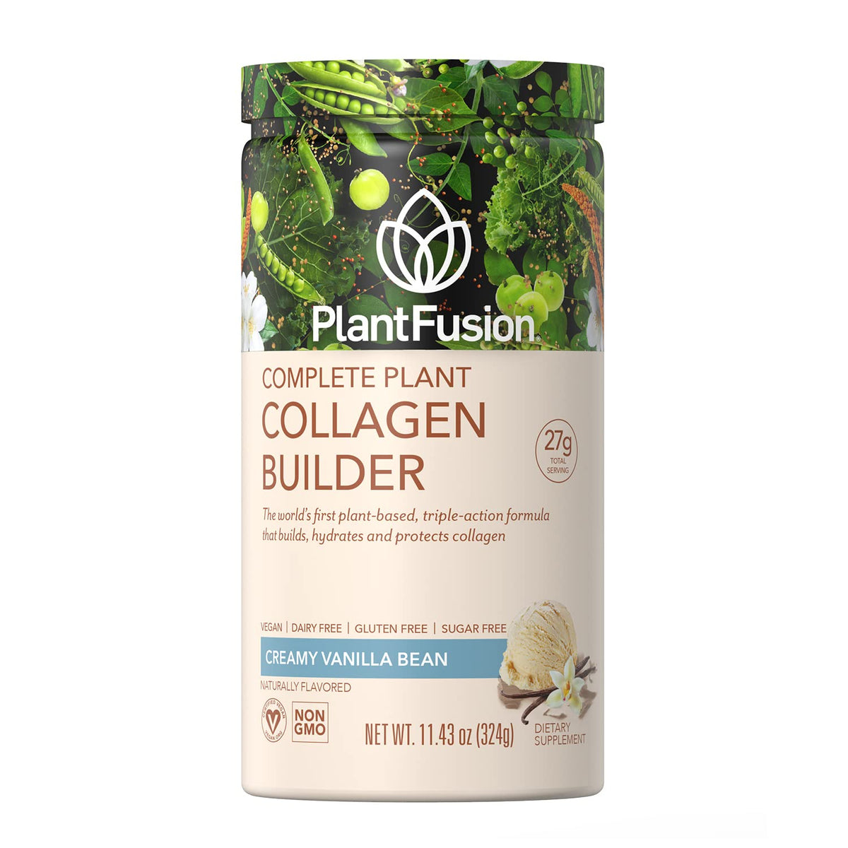 PlantFusion envase vainilla frente mostrando diseño y beneficios