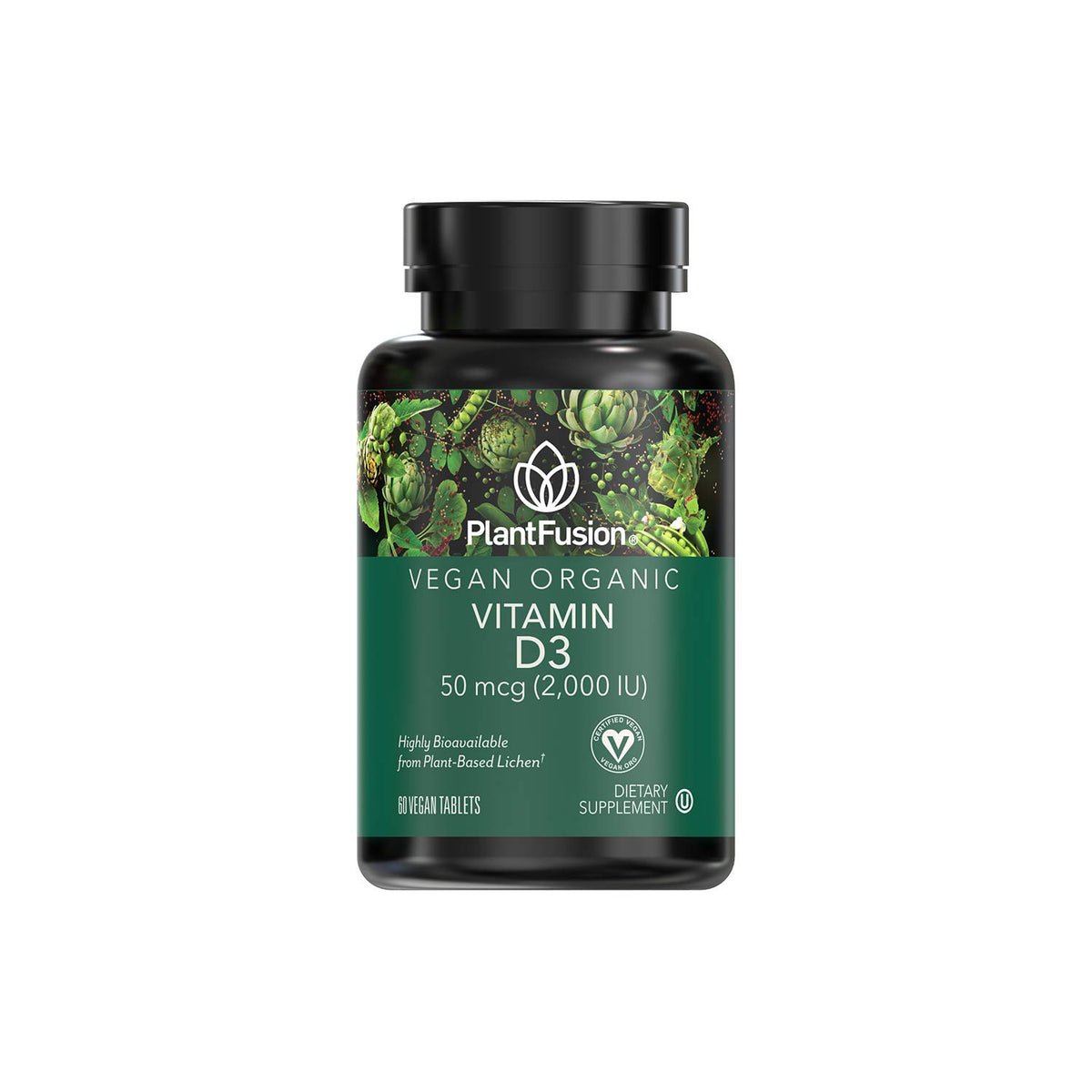 PlantFusion envase frontal mostrando 60 tabletas y beneficio vegano