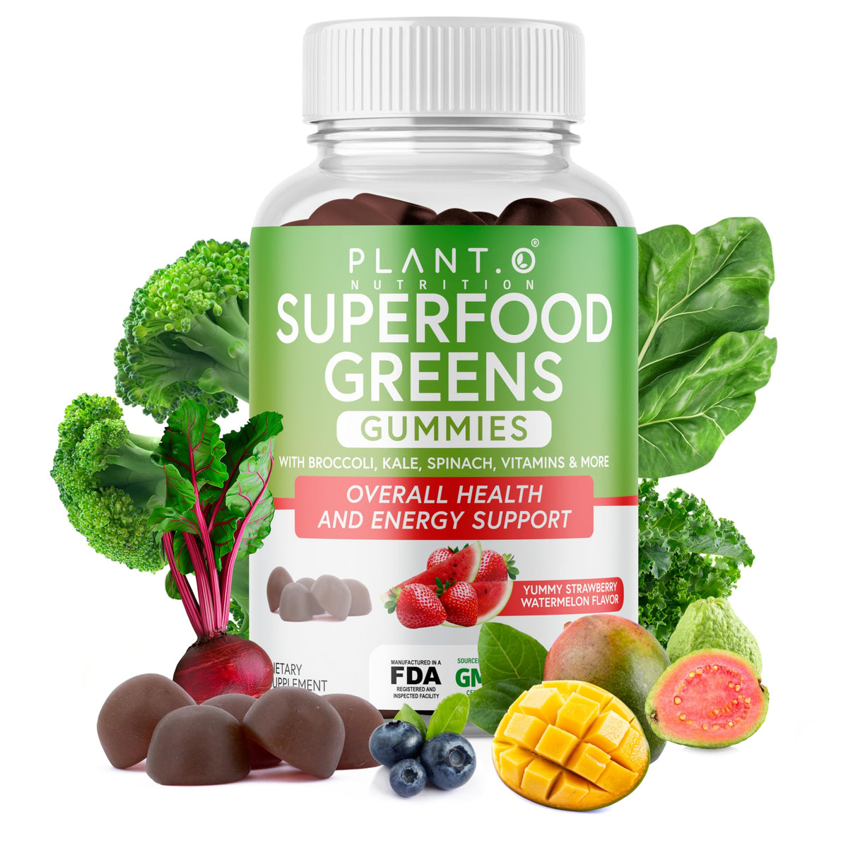 PLANT.O NUTRITION frasco frontal mostrando gominolas y beneficios visibles