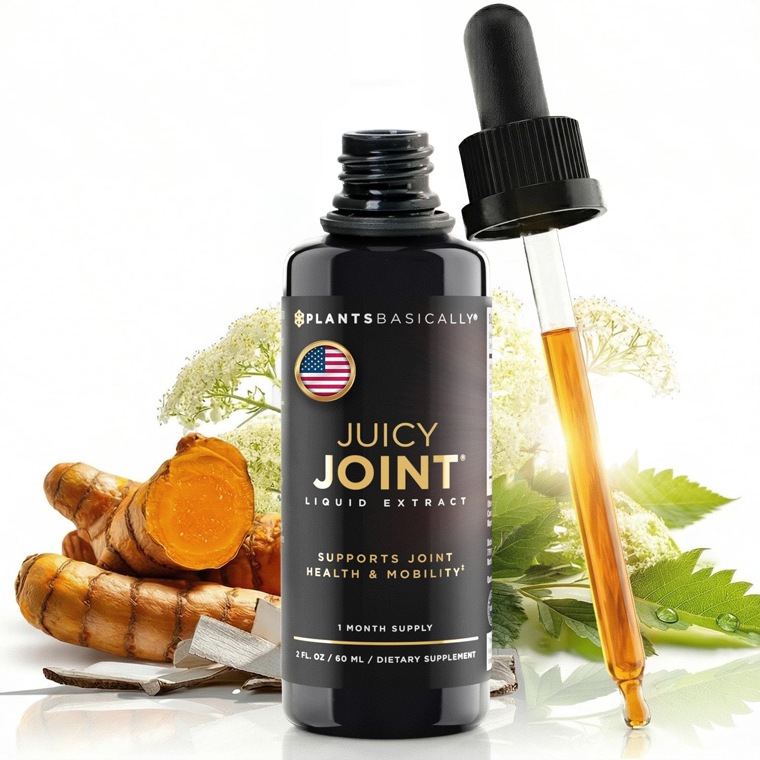 Plants Basically frasco frontal de Juicy Joint mostrando etiqueta clara y protección