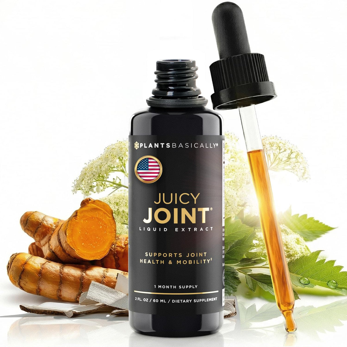 Plants Basically frasco frontal de Juicy Joint mostrando etiqueta clara y protección