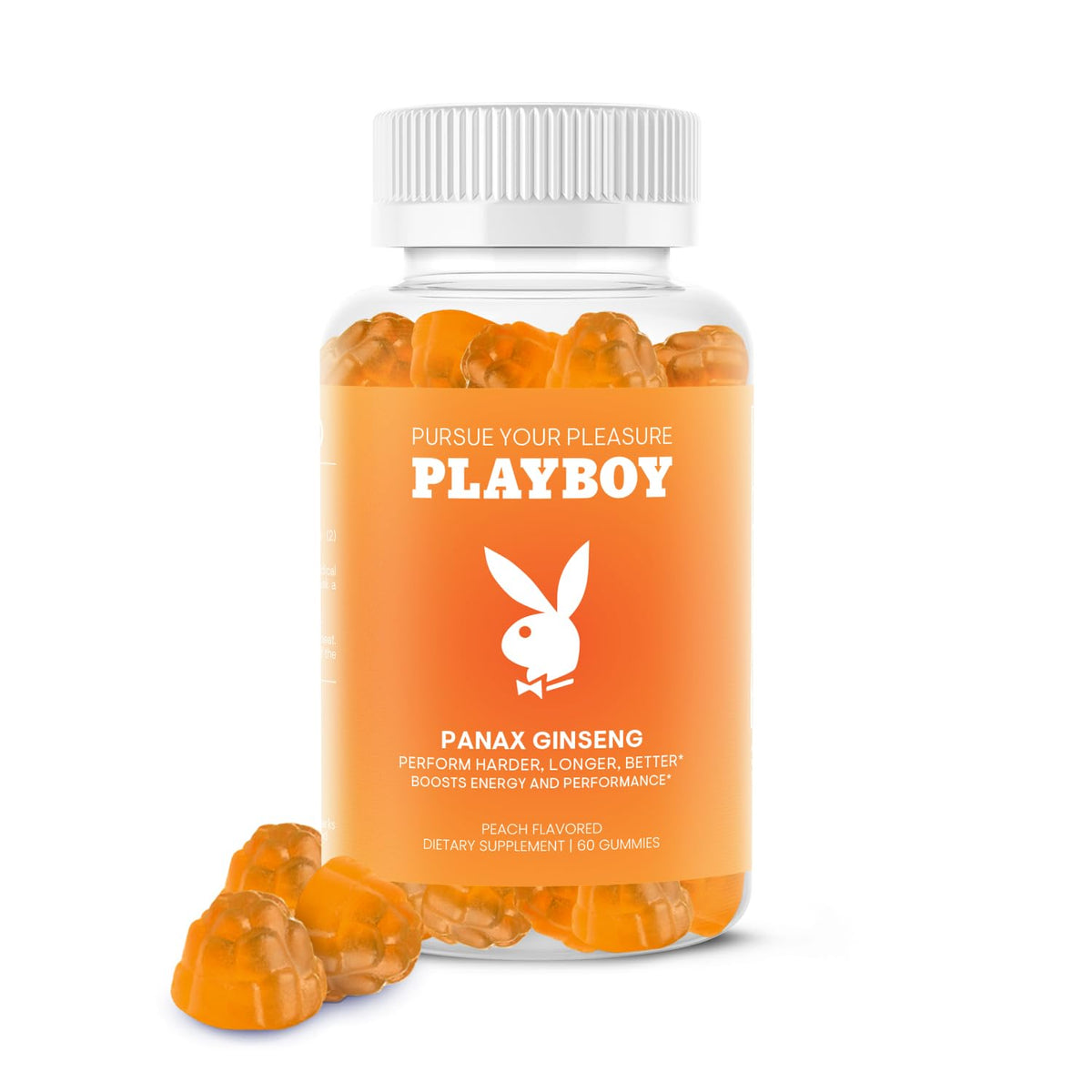 Avid Playboy frasco frontal con gominolas durazno, presentación clara y uso práctico