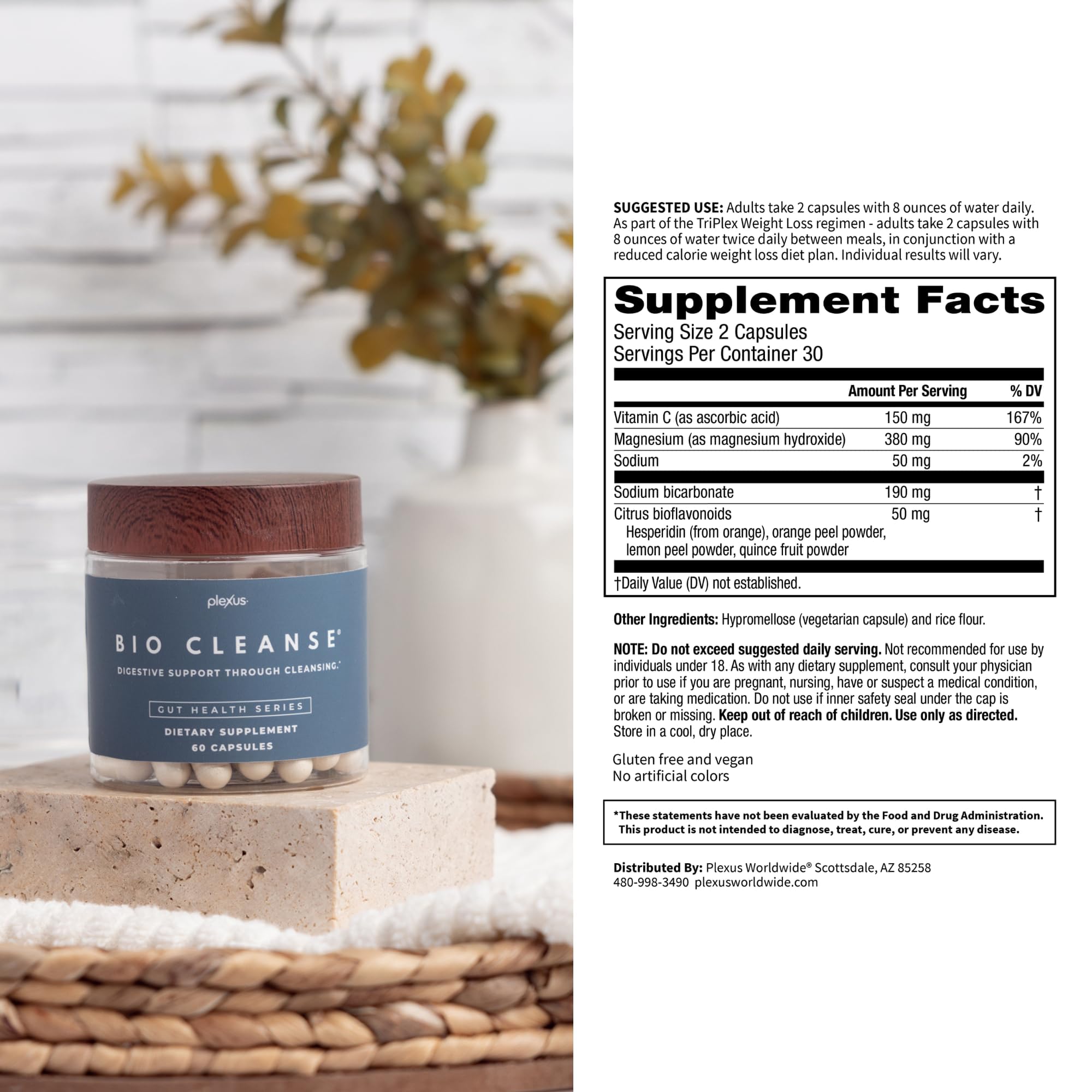 Plexus Bio Cleanse caja abierta mostrando el contenido y dosificación