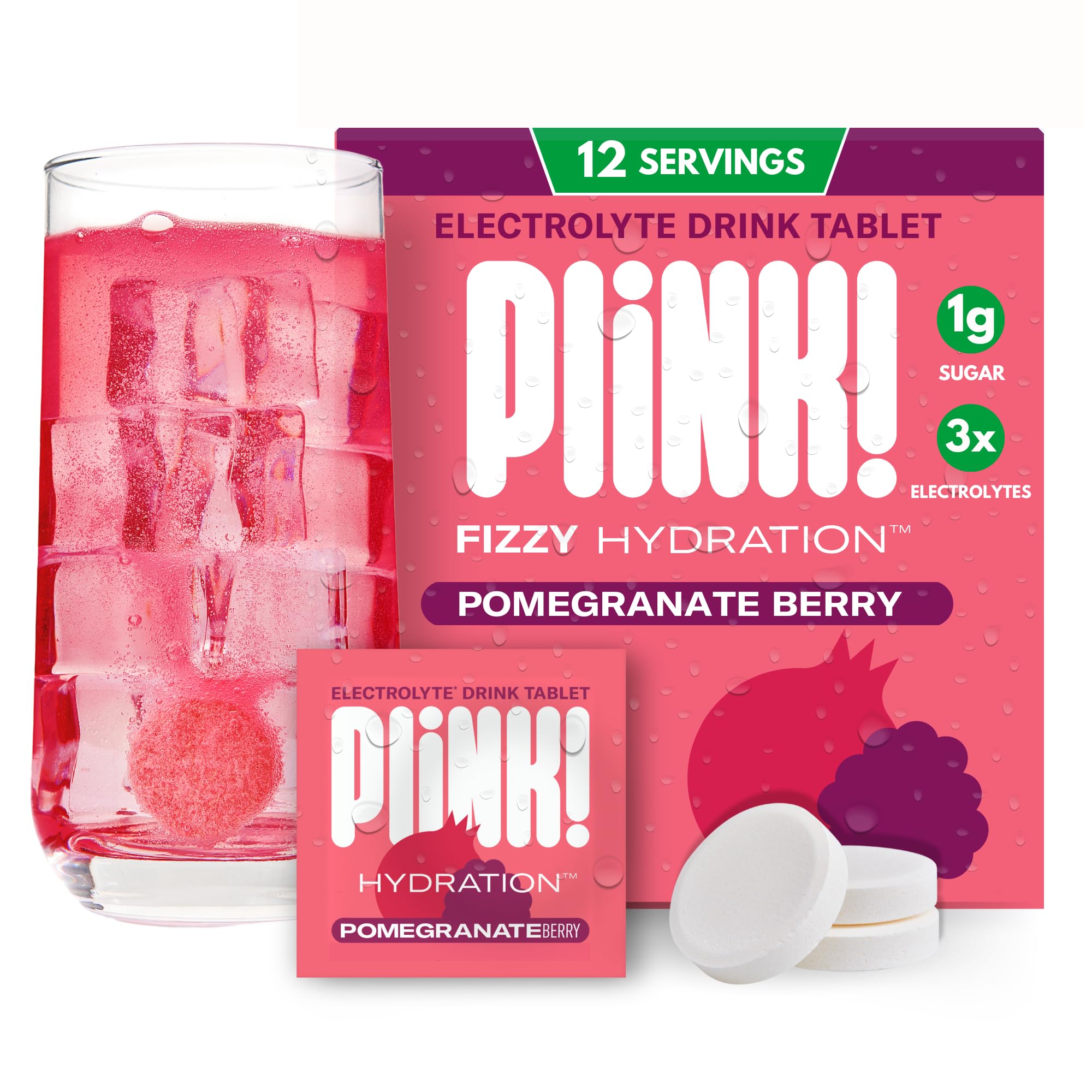 Plink frente del empaque Pomegranate Berry mostrando ahorro y conveniencia