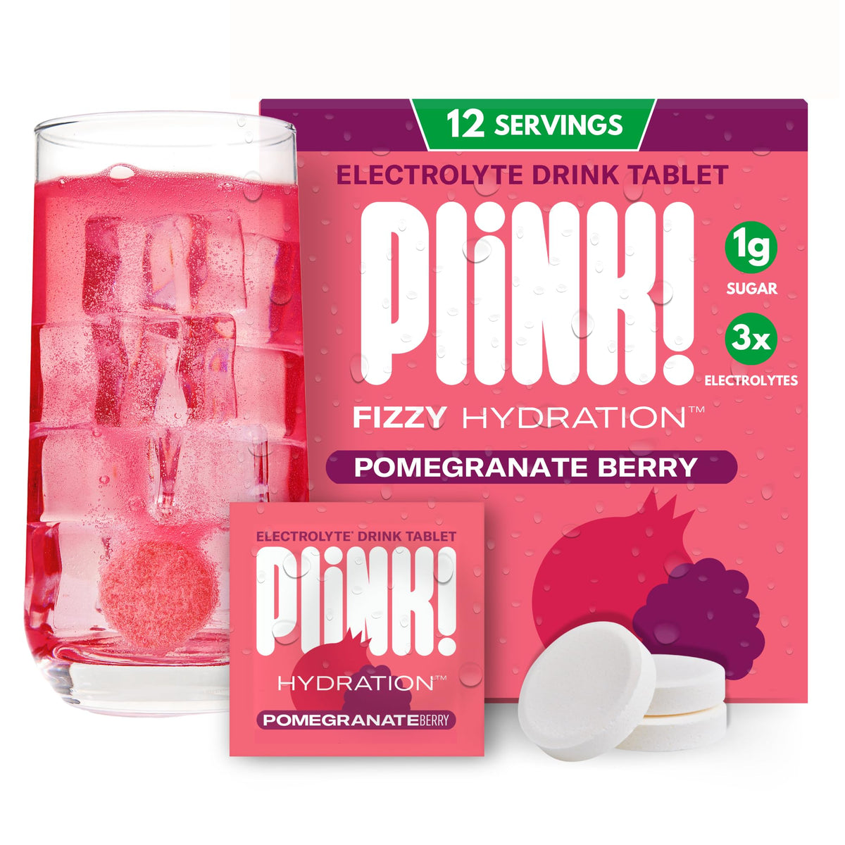 Plink frente del empaque Pomegranate Berry mostrando ahorro y conveniencia