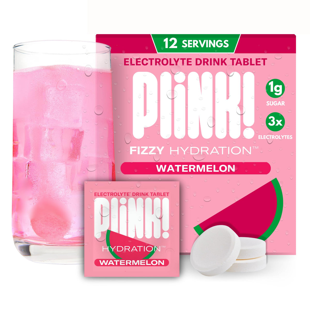 Plink frente del envase mostrando 12 tabletas y sabor sandía, beneficio: almacenamiento compacto