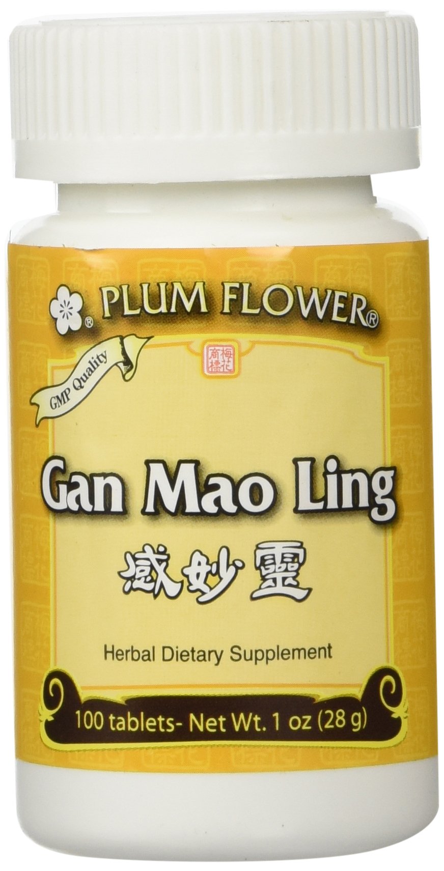 Plum Flower frasco frontal mostrando etiqueta y 100 comprimidos, conveniencia portátil