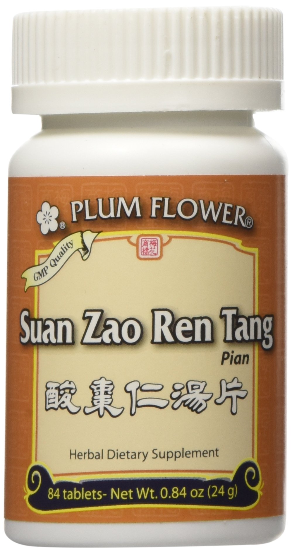 Plum Flowers envase frontal de Suan Zao Ren Tang Tablets, presentación clara y natural