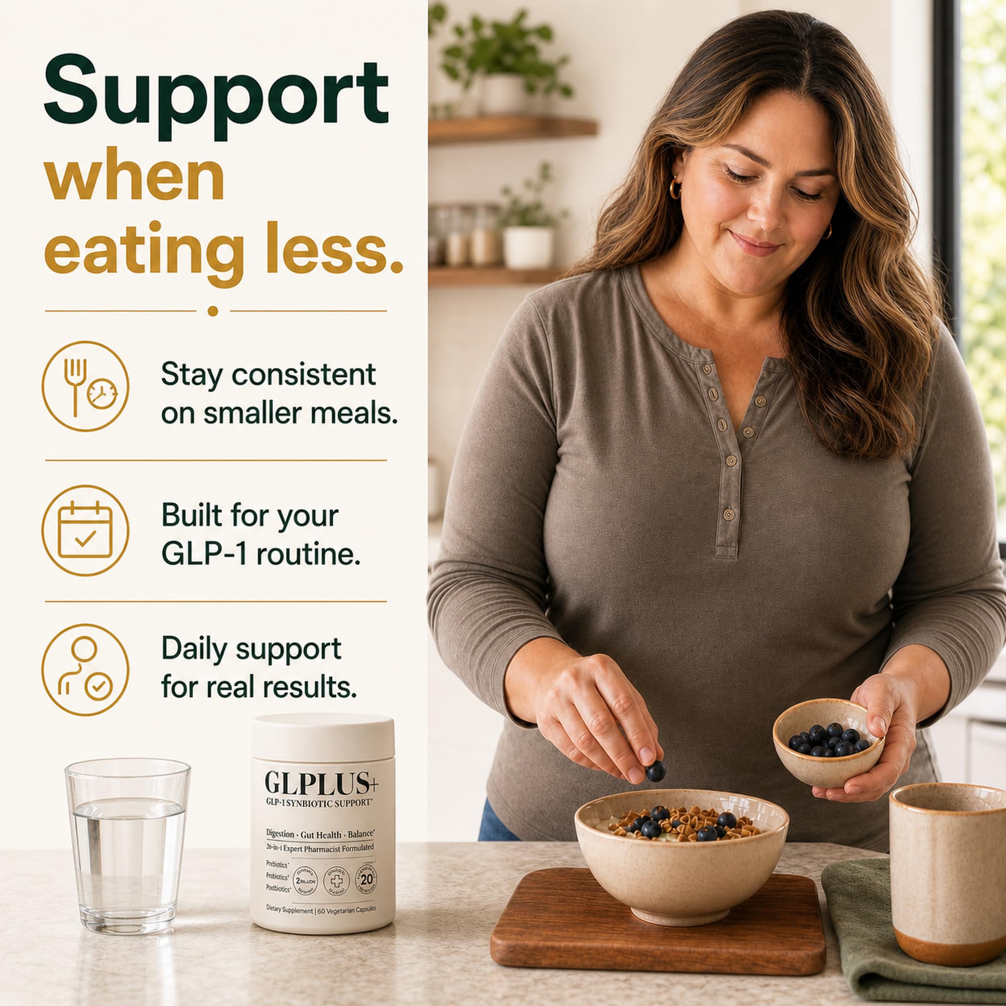 Plus+Ultra estilo de vida saludable con frasco en cocina, sugiere uso diario