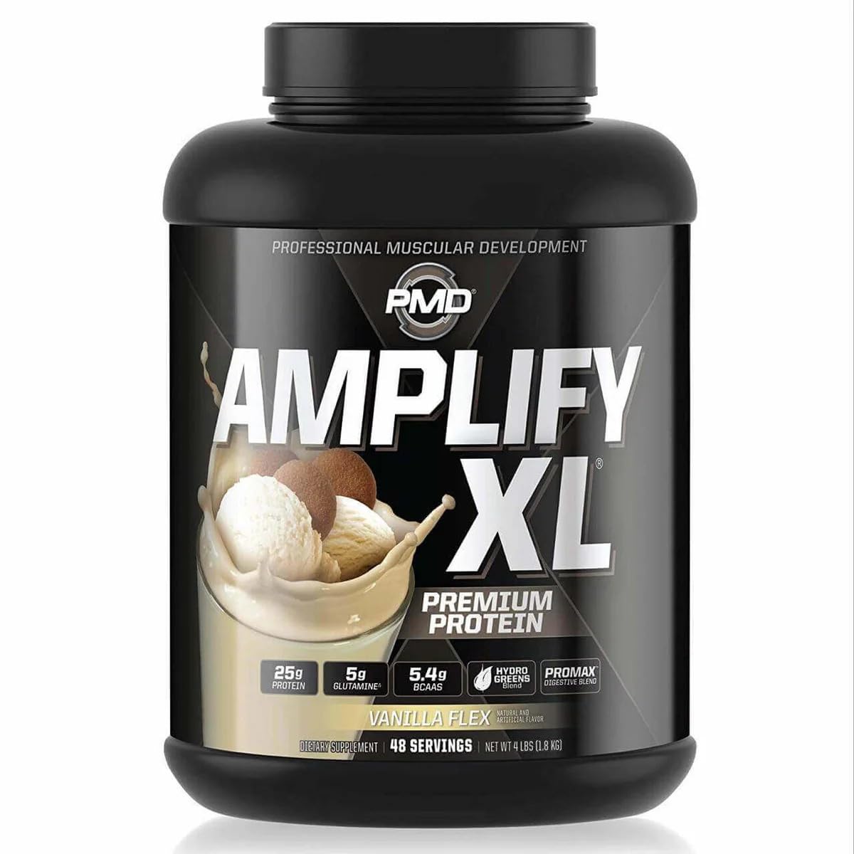 PMD envase frontal del suplemento Amplify XL mostrando sabor vainilla y 48 servicios