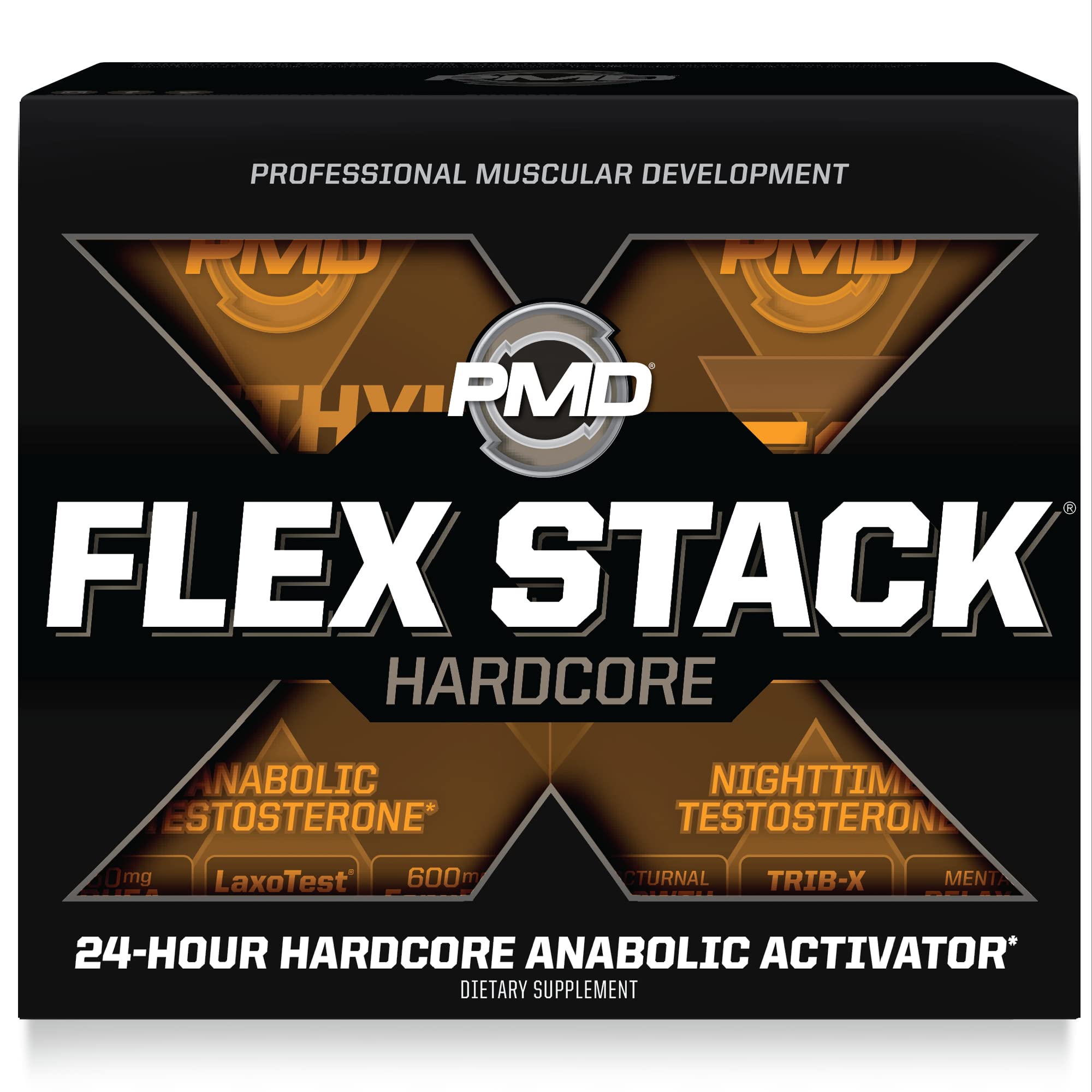 PMD Flex Stack envase frontal mostrando marca y beneficios para fuerza
