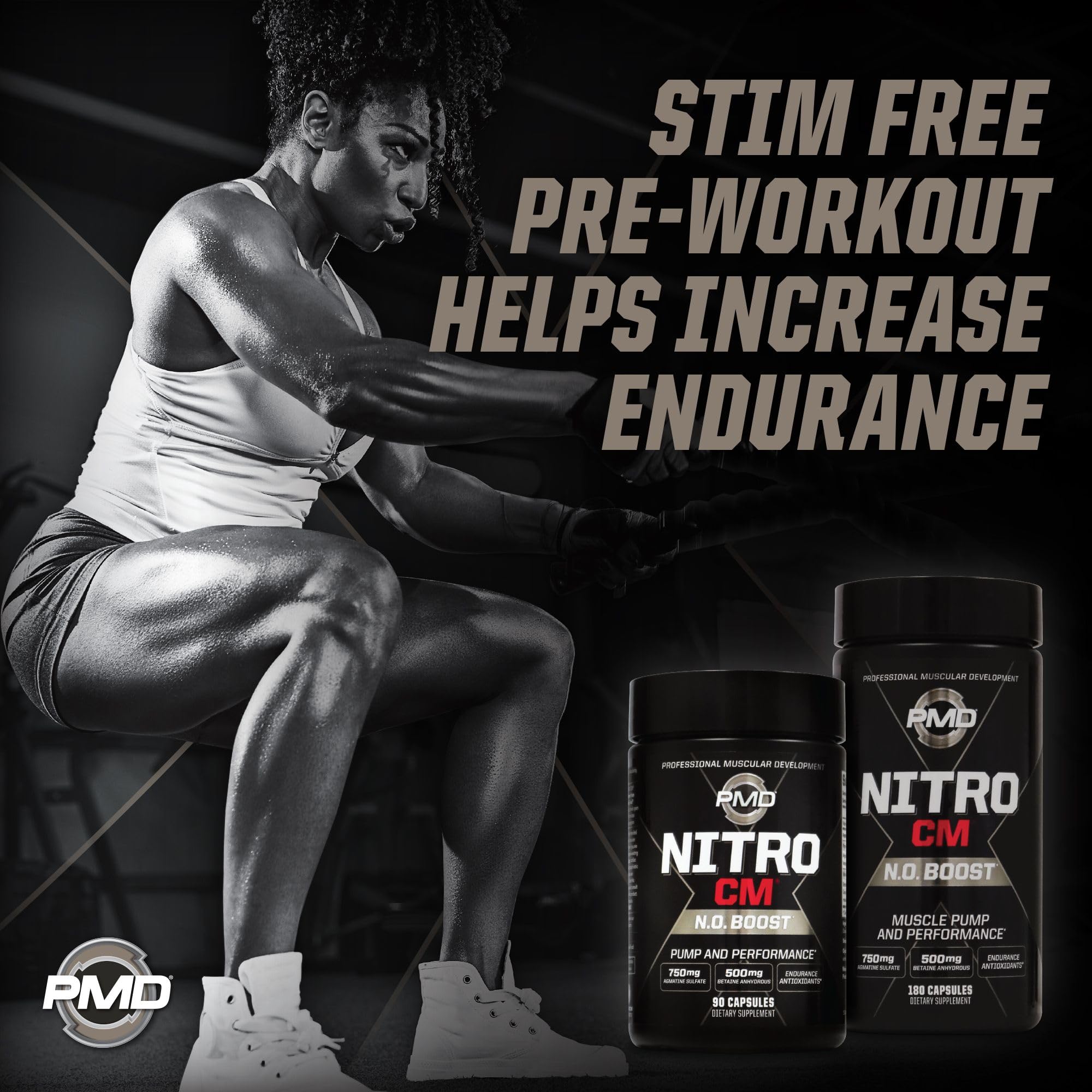 PMD Nitro CM atleta tomando cápsula antes de entrenar, más energía