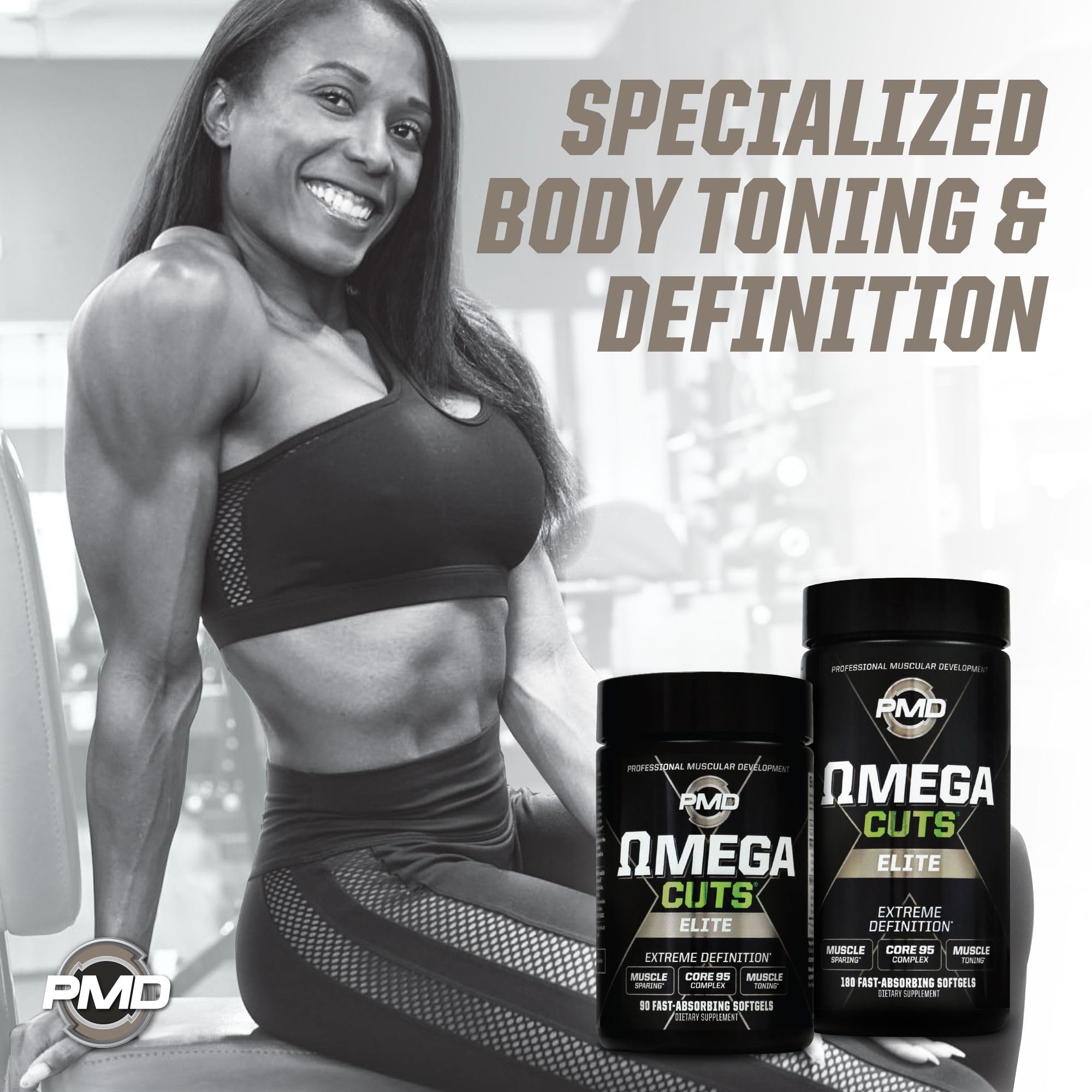 PMD Omega Cuts Elite comparación de tamaño del frasco, 180 softgels claro