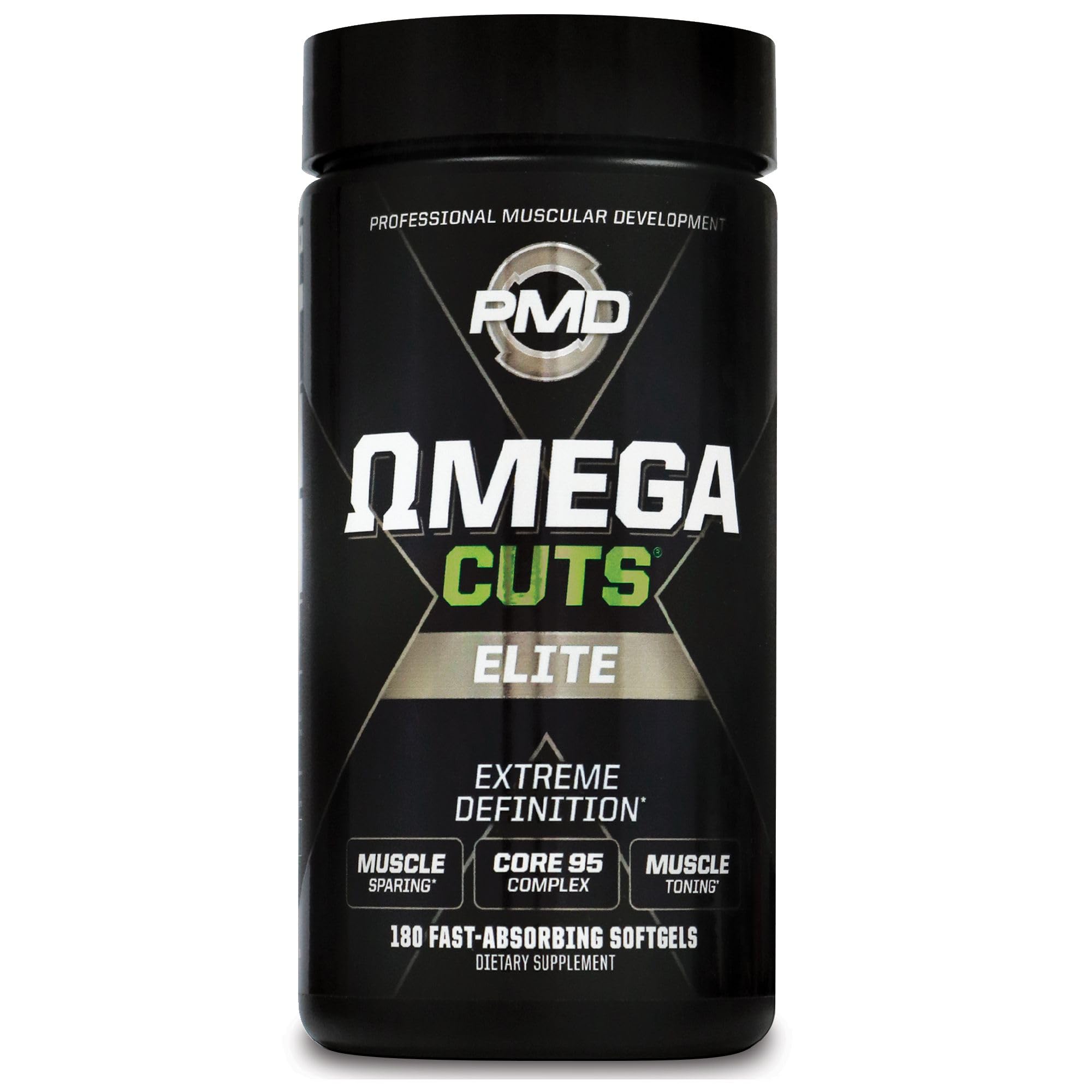 PMD Omega Cuts Elite vista frontal, frasco completo para ciclos largos