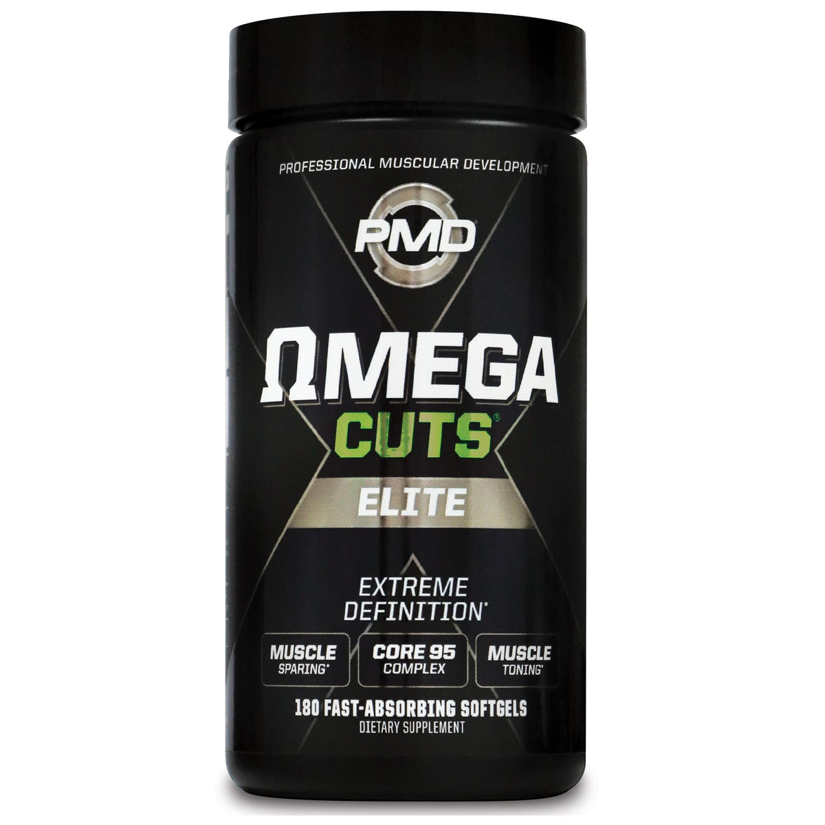 PMD Omega Cuts Elite vista frontal, frasco completo para ciclos largos