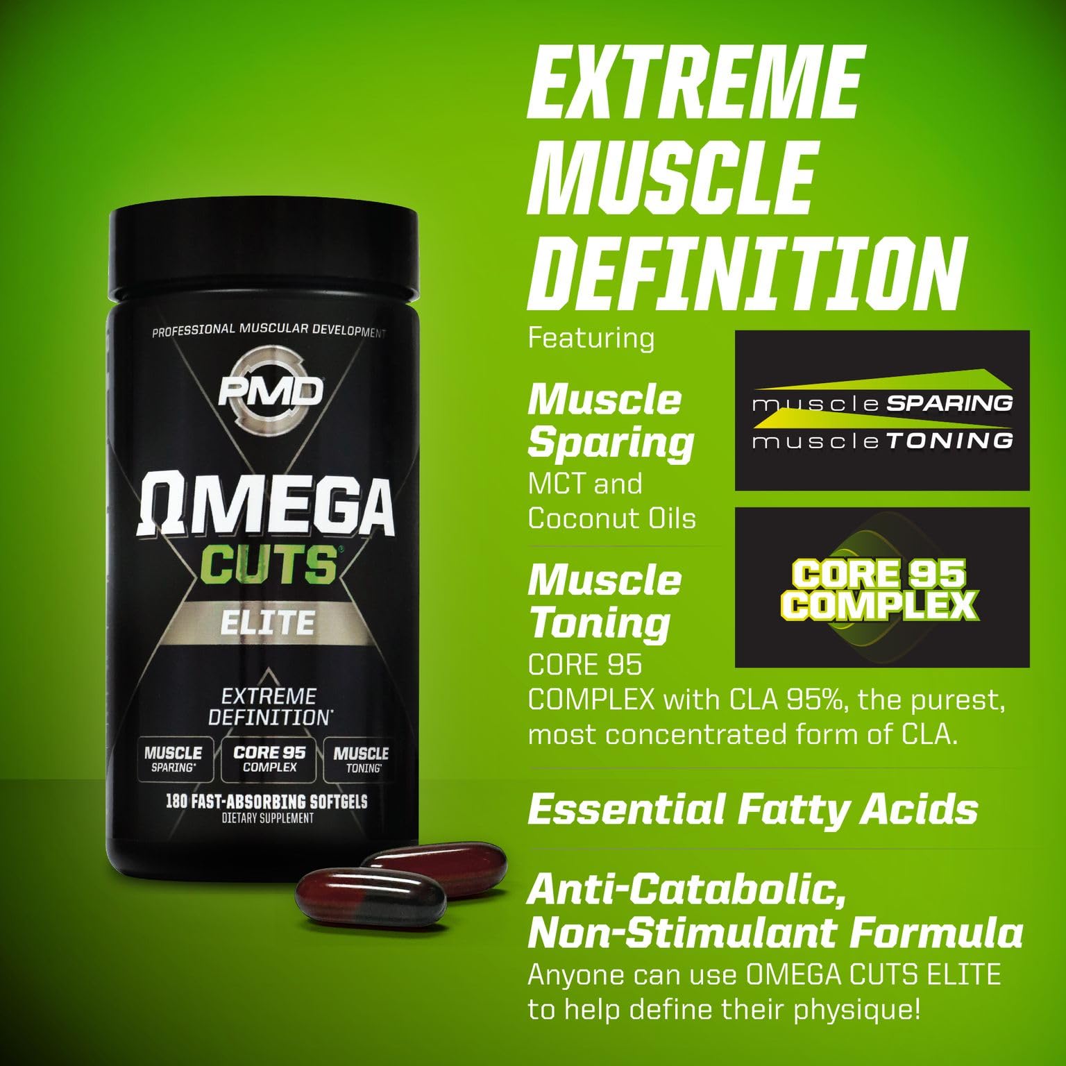 PMD Omega Cuts Elite lista de ingredientes clave, CLA y MCT visibles