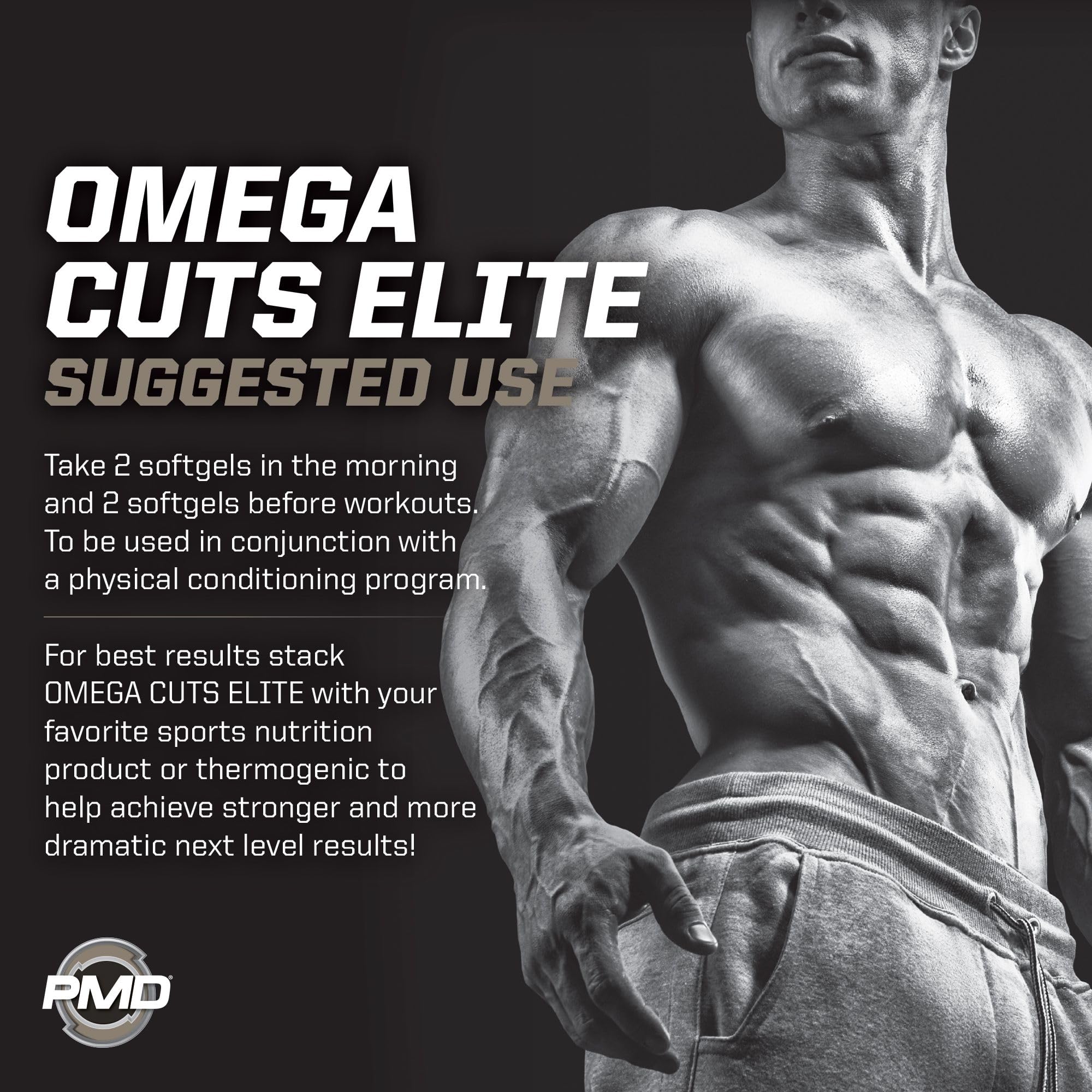 PMD Omega Cuts Elite presentación con 180 softgels, dosificación práctica