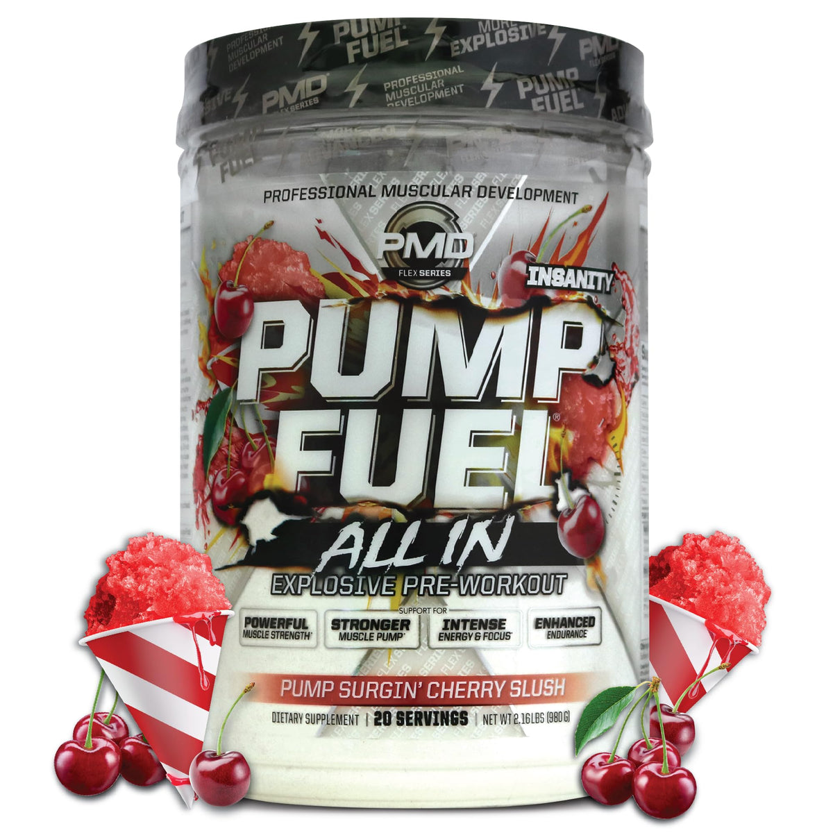 PMD envase frontal Pump Fuel mostrando marca y sabor Cherry Slush