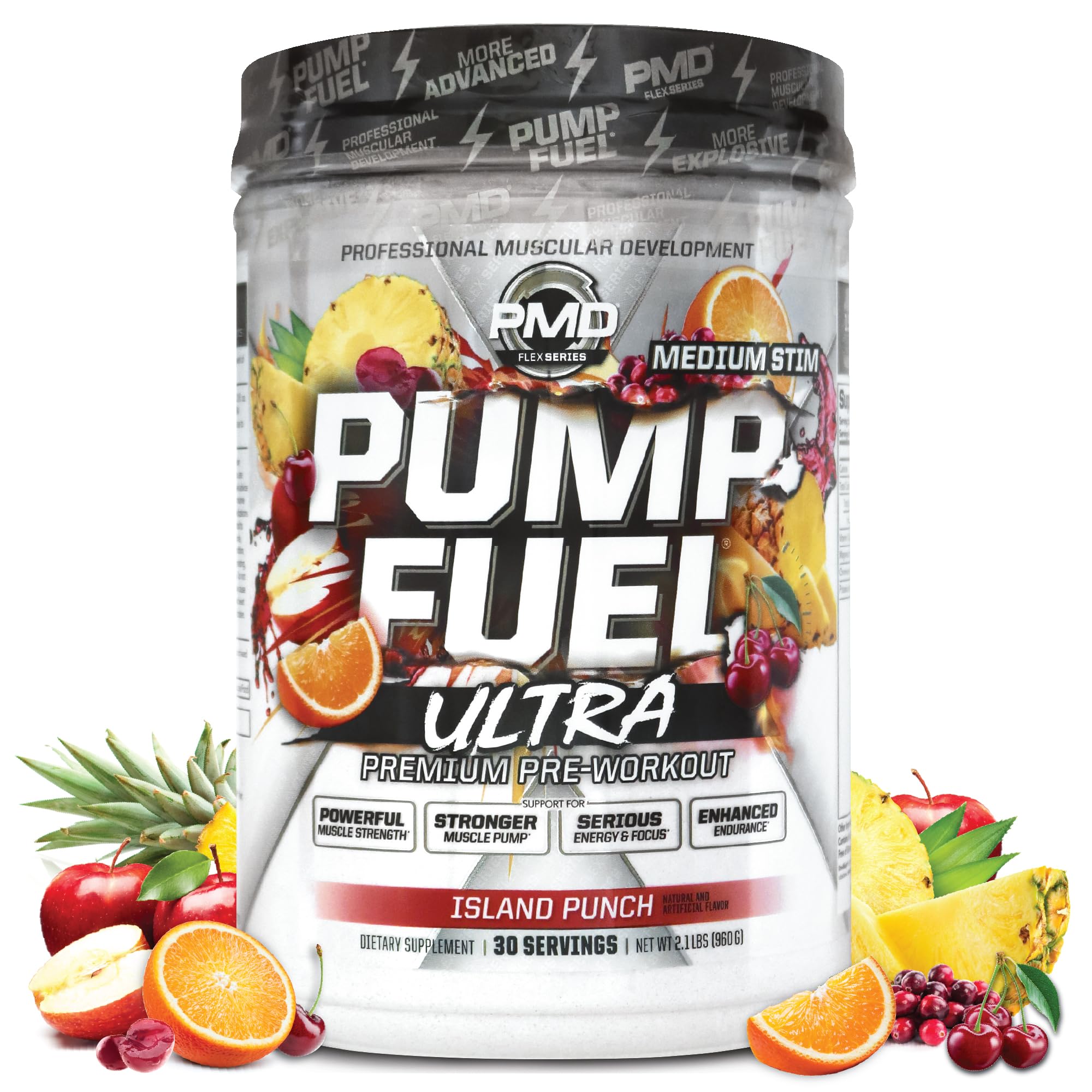 PMD envase frente mostrando marca y sabor Island Punch, impulsa energía previa al entrenamiento