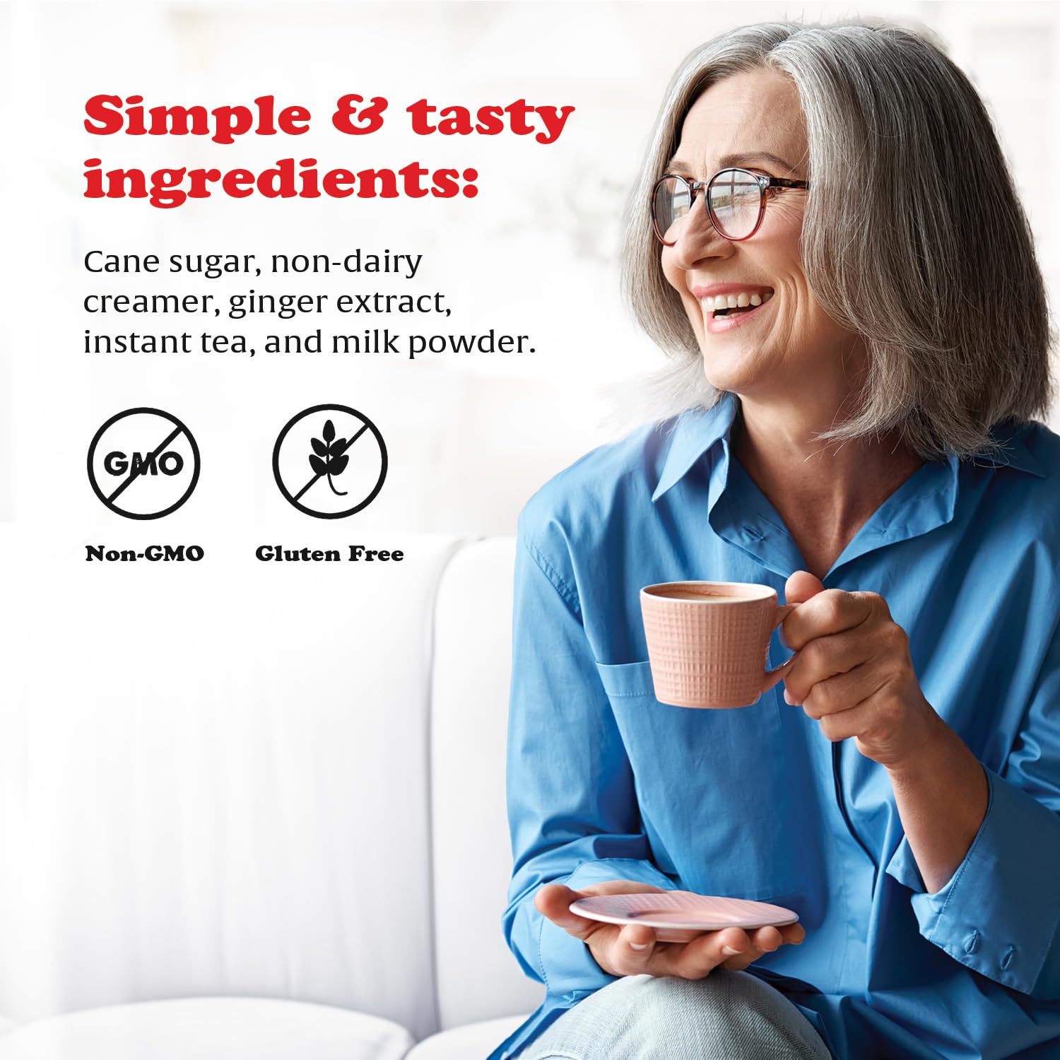 Pocas etiqueta ingredientes destacando jengibre y leche en polvo, transparencia del producto