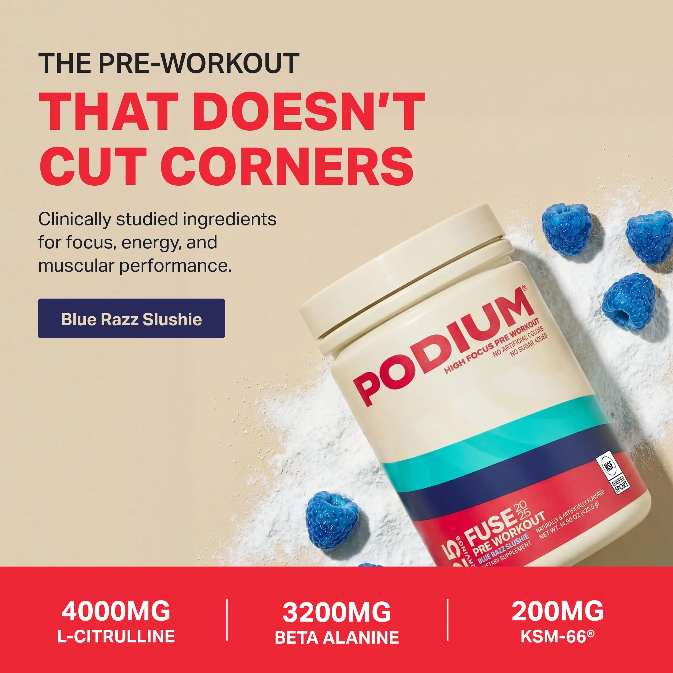 Podium Fuse vaso con mezcla azul brillante, aporta energía y enfoque antes del entrenamiento
