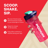 Podium Nutrition vaso con mezcla preparada que muestra claridad y sabor refrescante