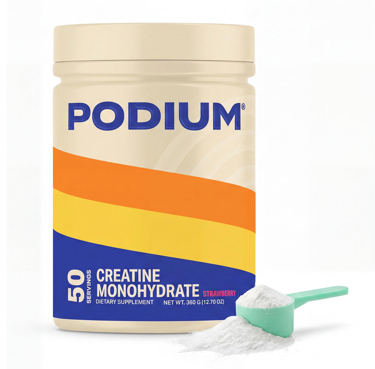 Podium Nutrition envase frontal con sabor fresa mostrando presentación y beneficios
