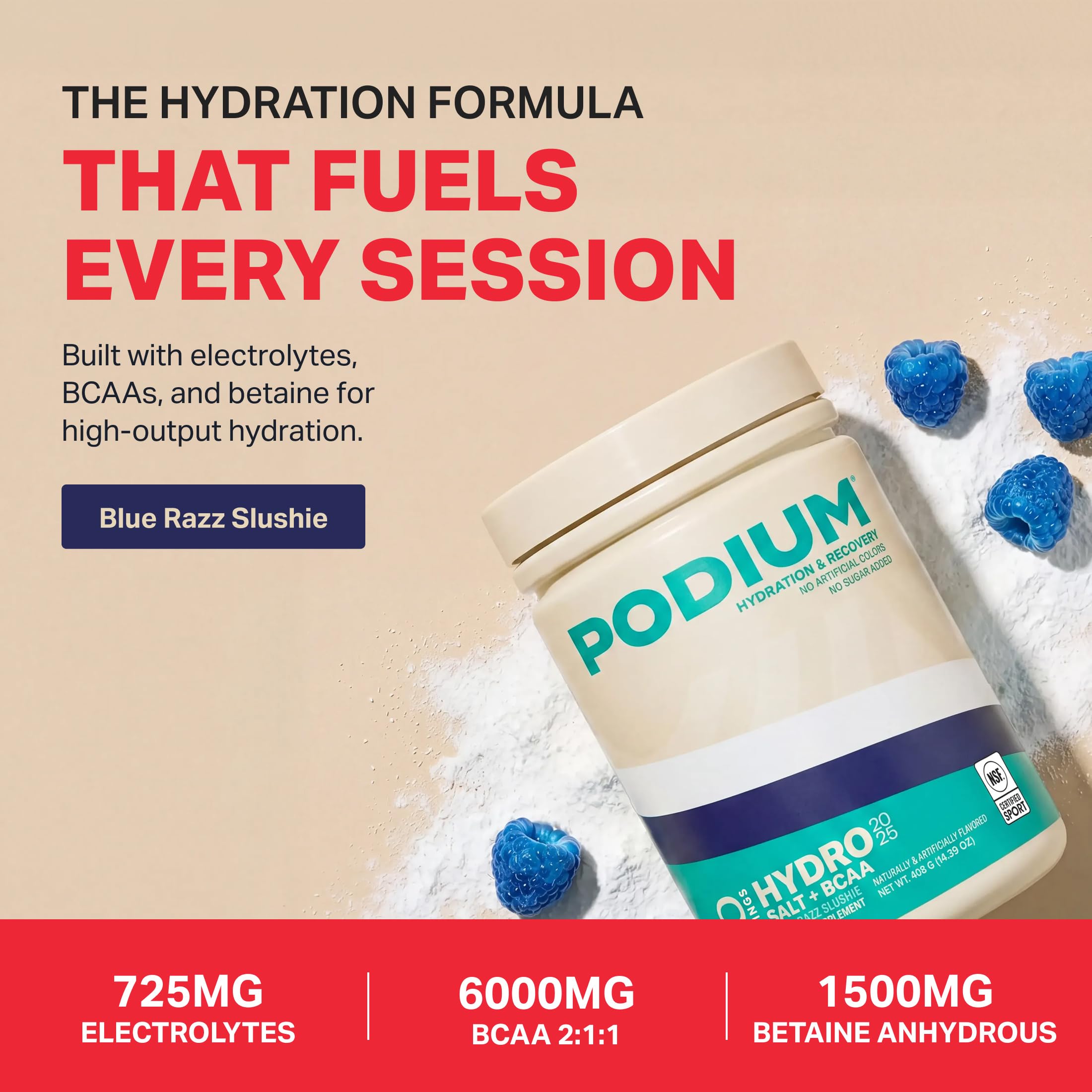 Vaso mezclado con Podium Nutrition Hydro + Salt azul, bebida refrescante para entrenamiento