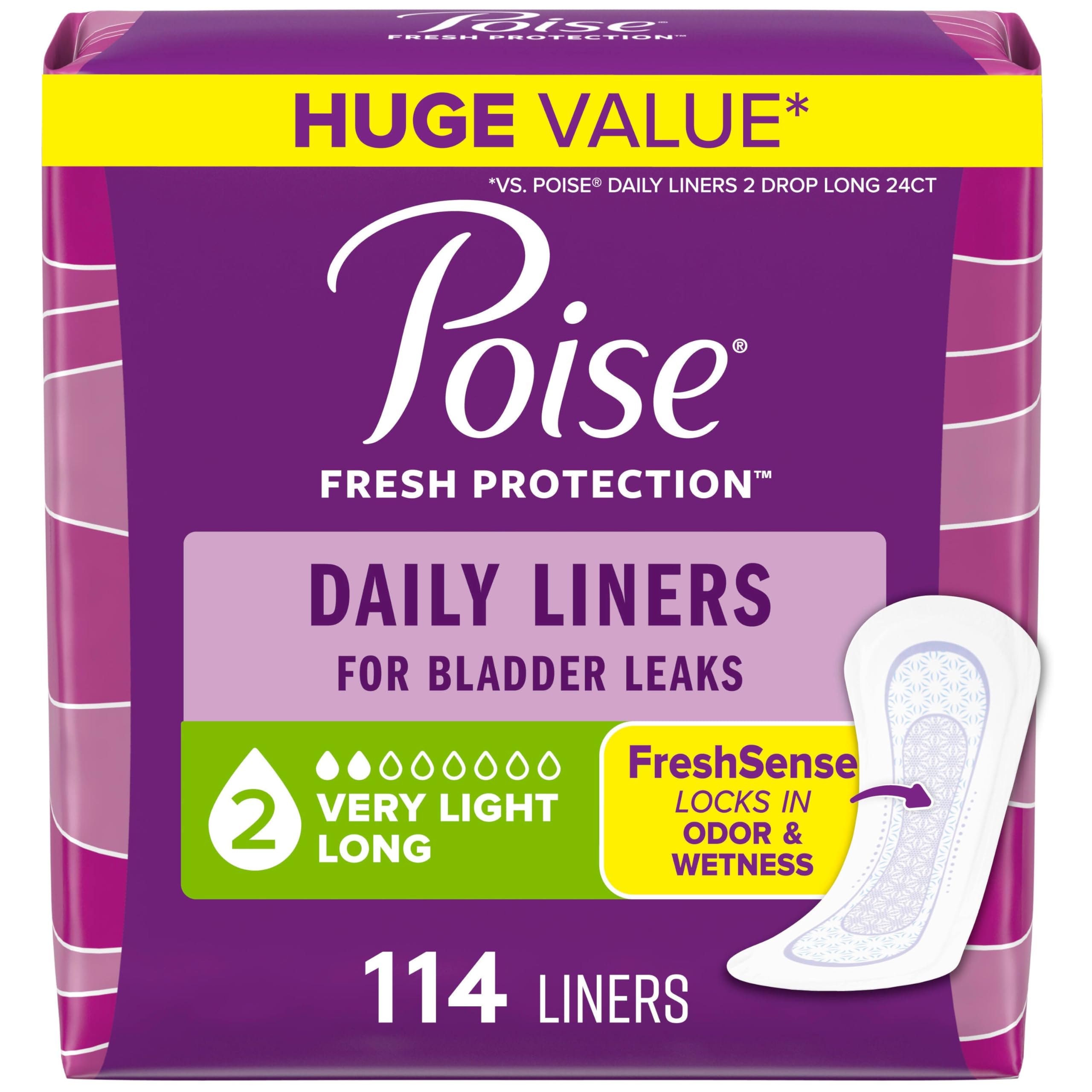 Poise empaque frontal mostrando 114 protectores y facilidad de elección