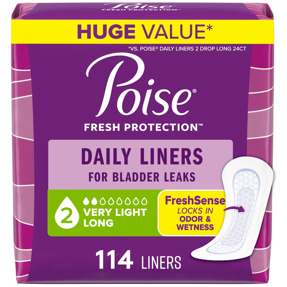 Poise empaque frontal mostrando 114 protectores y facilidad de elección