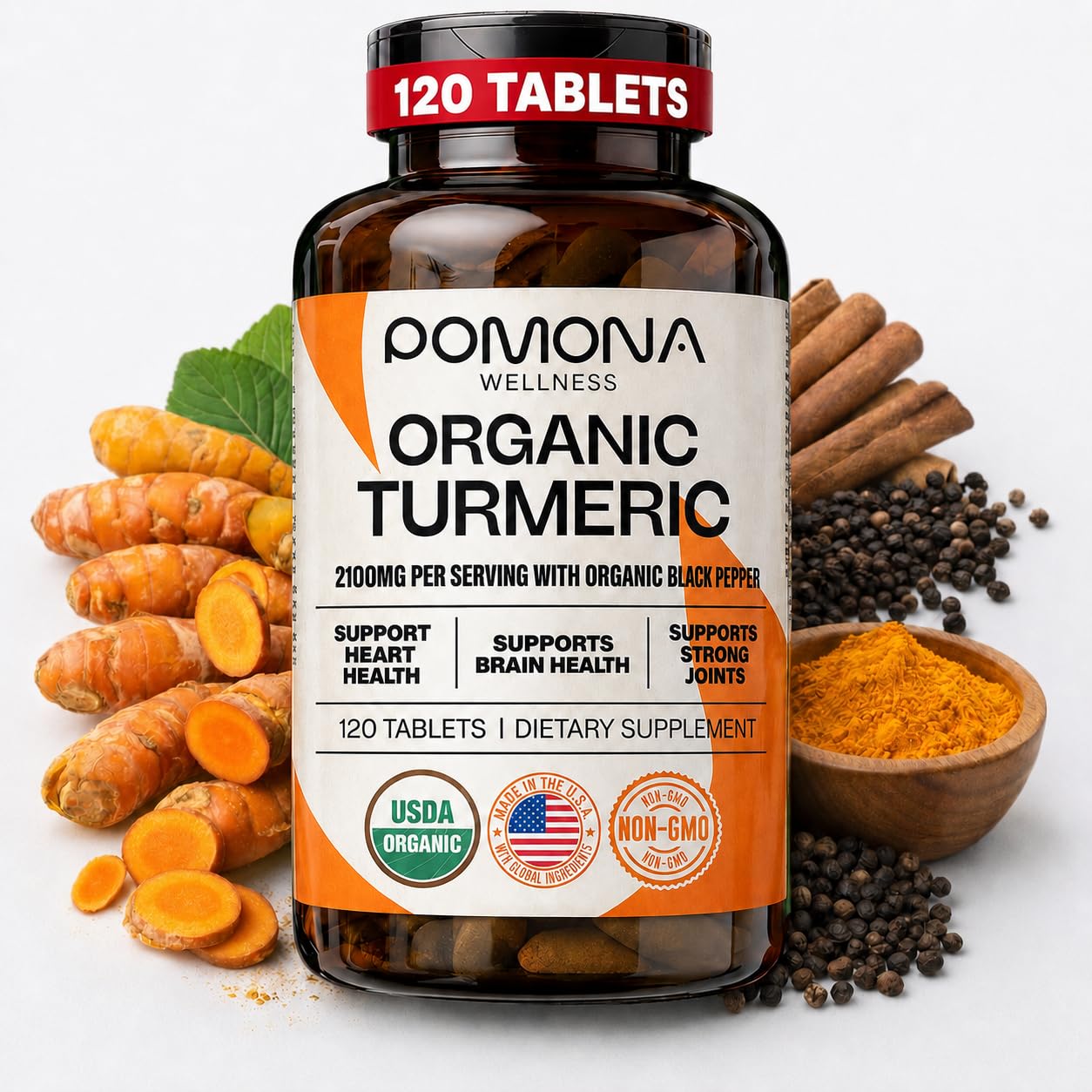 Pomona Wellness envase frontal mostrando tabletas y beneficios orgánicos