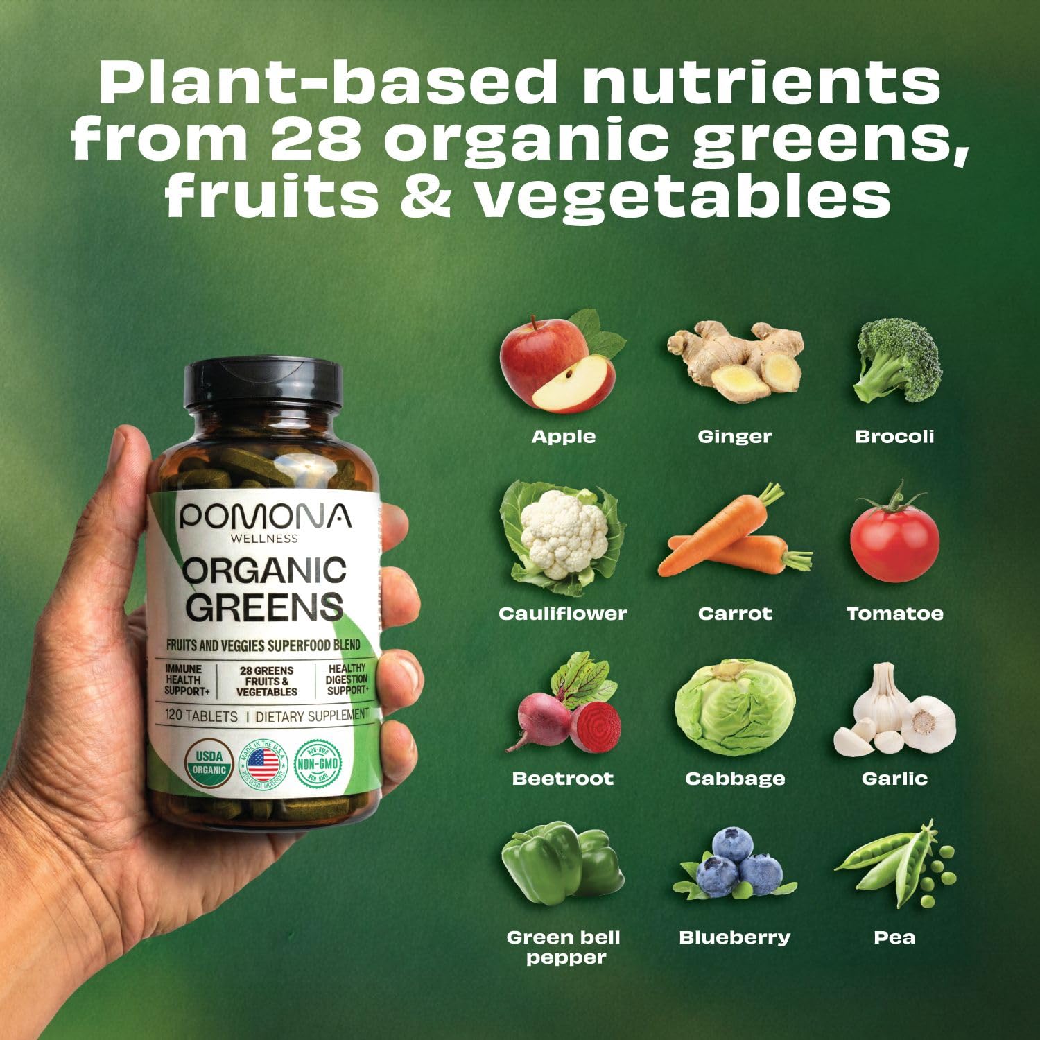 Pomona Wellness ingredientes orgánicos ilustrando variedad vegetal concentrada