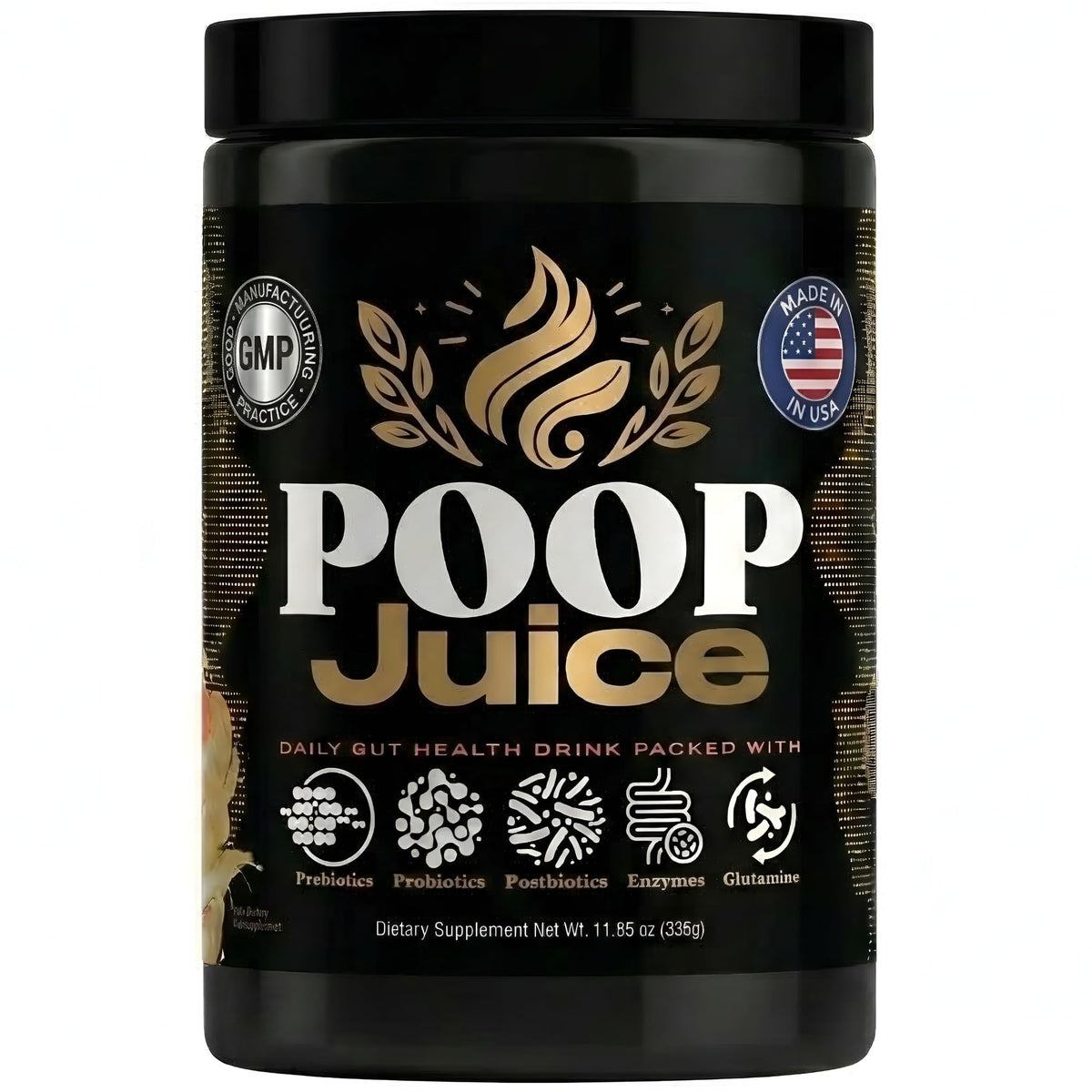 Poop Juice frontal del envase mostrando la marca y beneficios