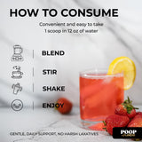Imagen de ingredientes clave de Poop Juice destacando prebióticos y enzimas