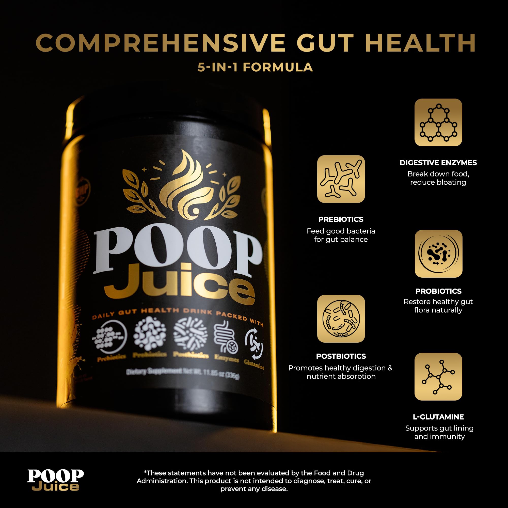 Poop Juice textura del polvo resaltando disolución fácil