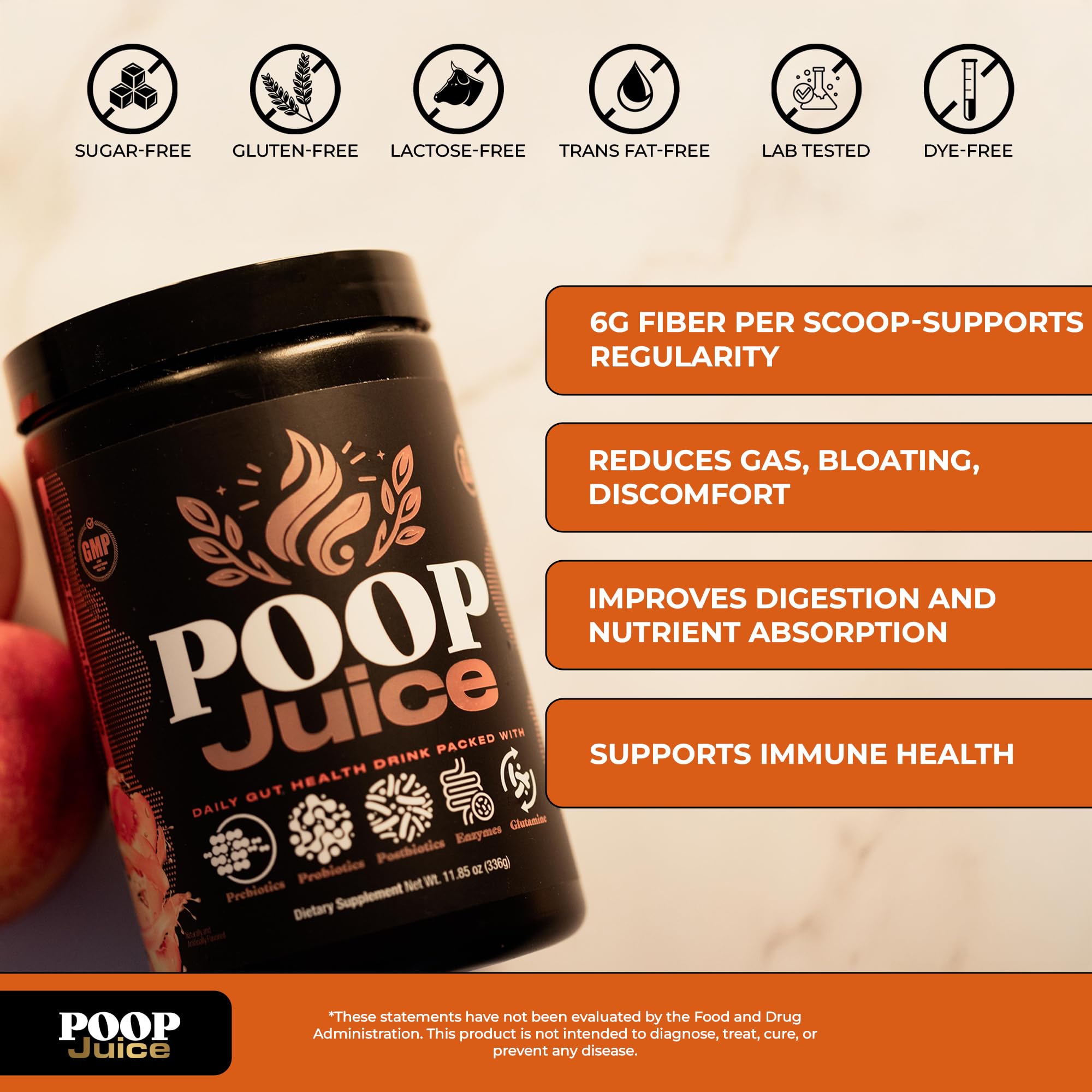 Vaso con Poop Juice disuelto demostrando preparación instantánea y sabor fresco