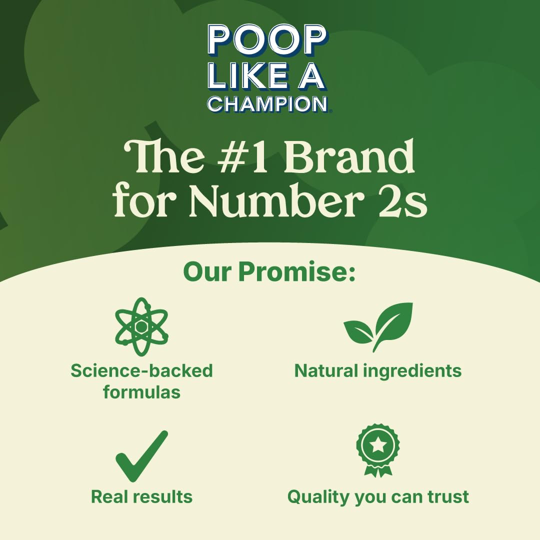 Poop Like a Champion frasco en mesa de desayuno, promueve bienestar digestivo