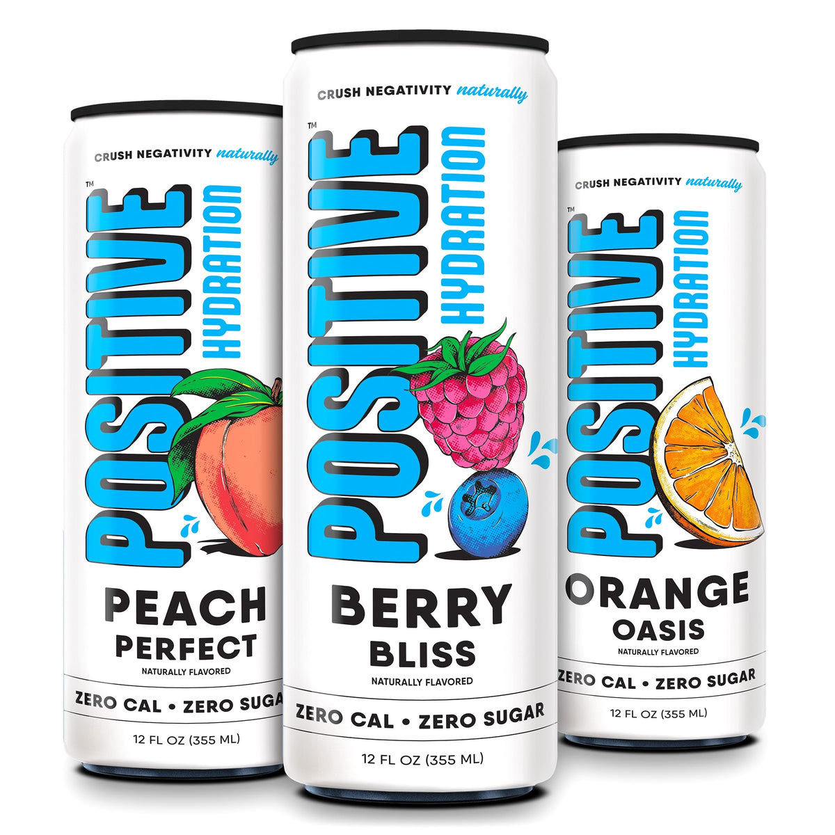 Positive Beverage frontal del pack variado mostrando latas y etiquetas claramente