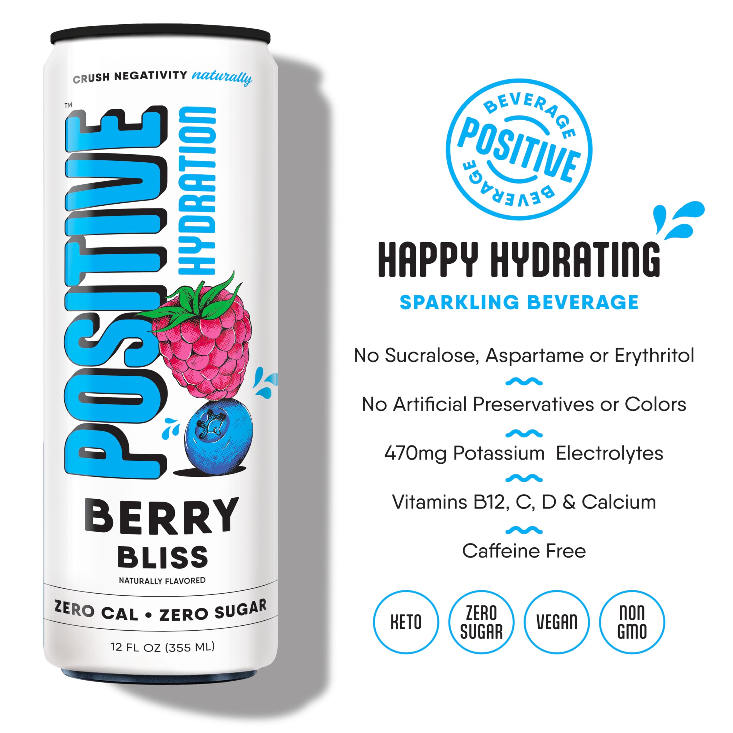 Positive Beverage lata abierta en mano lista para beber y disfrutar sin calorías