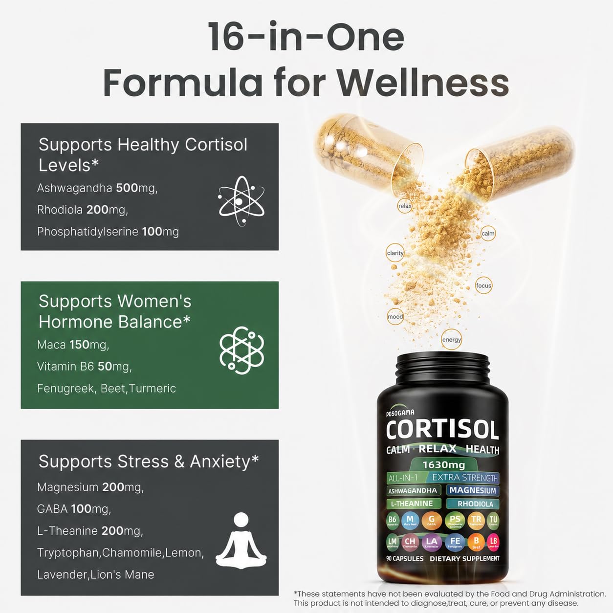 POSOCAMA polvo de ashwagandha y extracto vegetal destacando potencia 500 mg