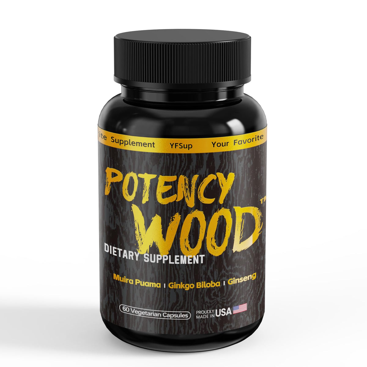 Potency Wood frasco frontal mostrando diseño y cantidad, confianza en calidad